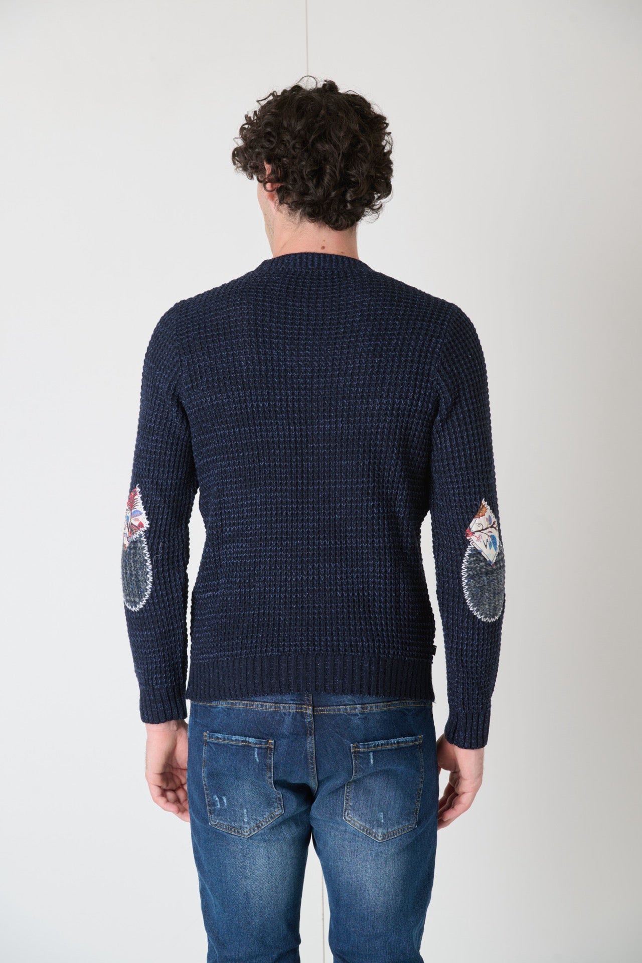 Pearl Blue Crewneck Sweater with Embroidered Fabric Patches V2