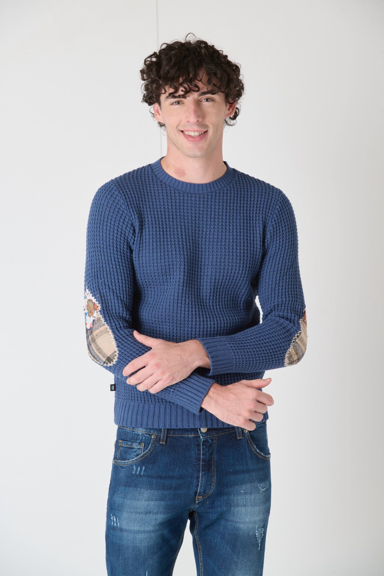 Pearly Jeans Crewneck Sweater with Embroidered Fabric Patches V2