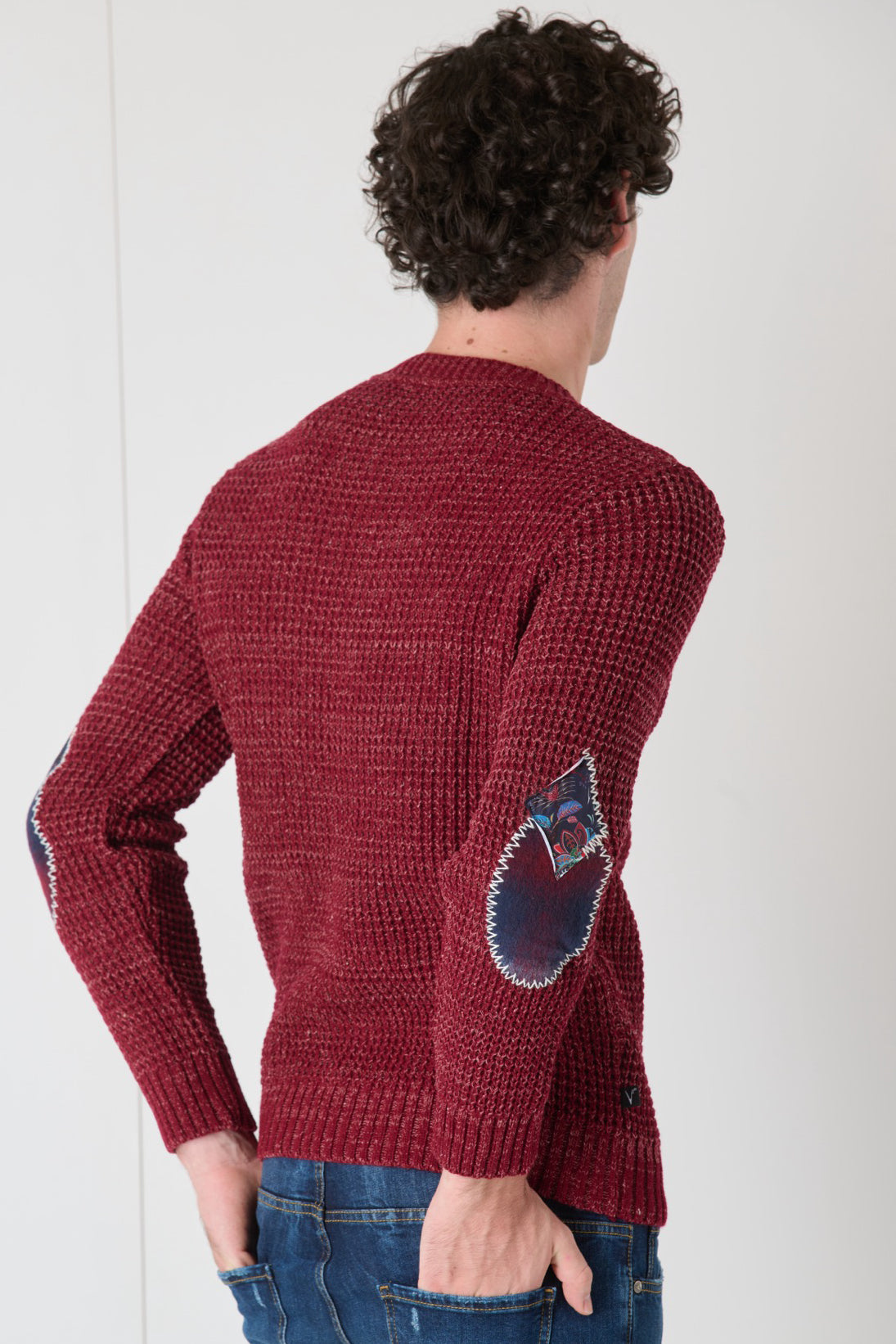 Bordeaux Pearl Crewneck Sweater with Embroidered Fabric Patches V2