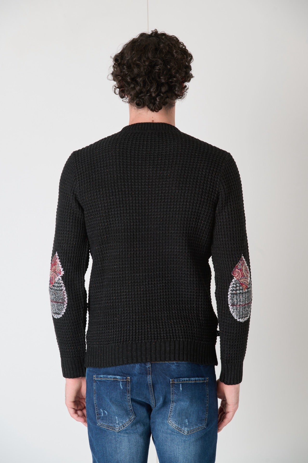 Black Pearl Crewneck Sweater with Embroidered Fabric Patches V2