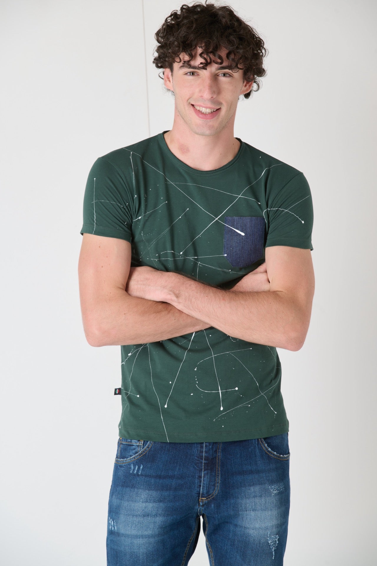 Green T-Shirt with Pocket in V2 Fabric and Paint Splatter