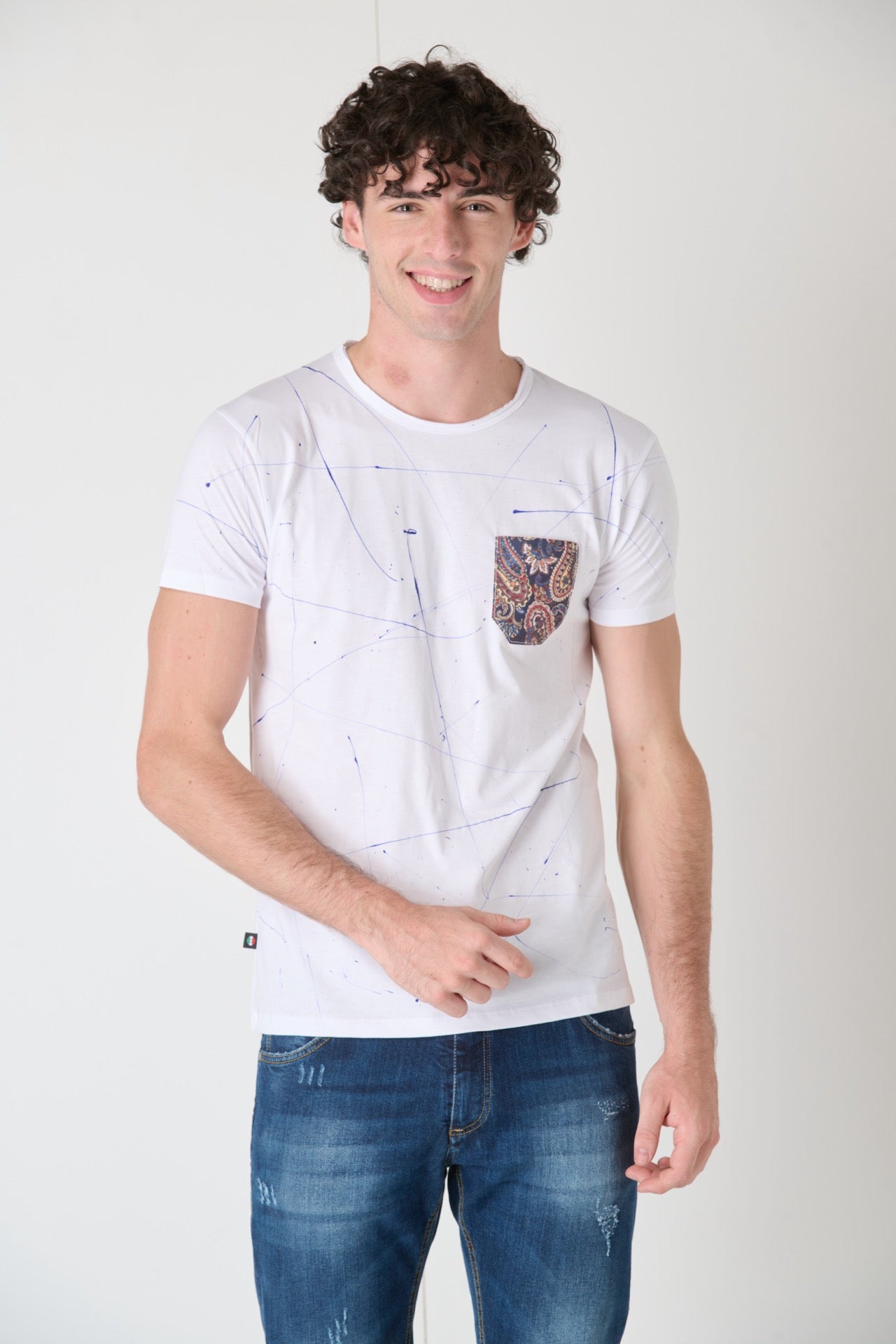 White T-Shirt with Pocket in V2 Fabric and Paint Splatter