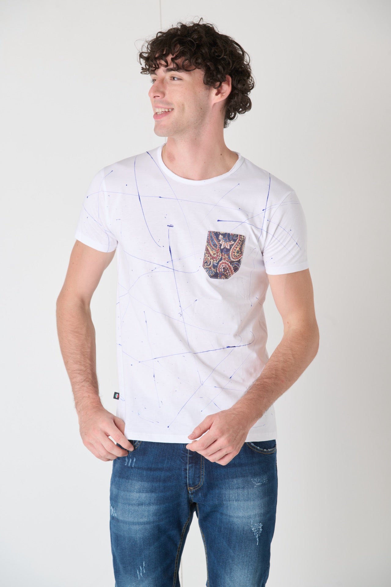 White T-Shirt with Pocket in V2 Fabric and Paint Splatter