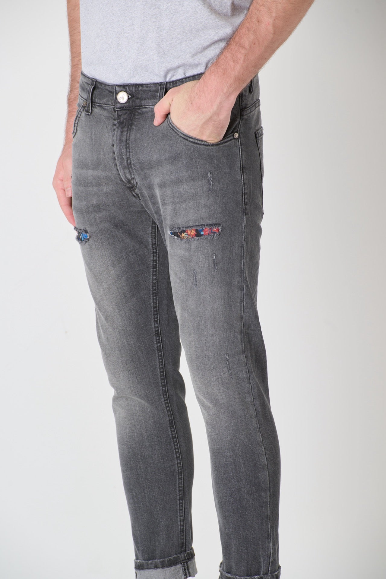 LONDON - Jeans Slim Fit - Grigio Antracite con doppia Patch frontale e tasca in tessuto V2