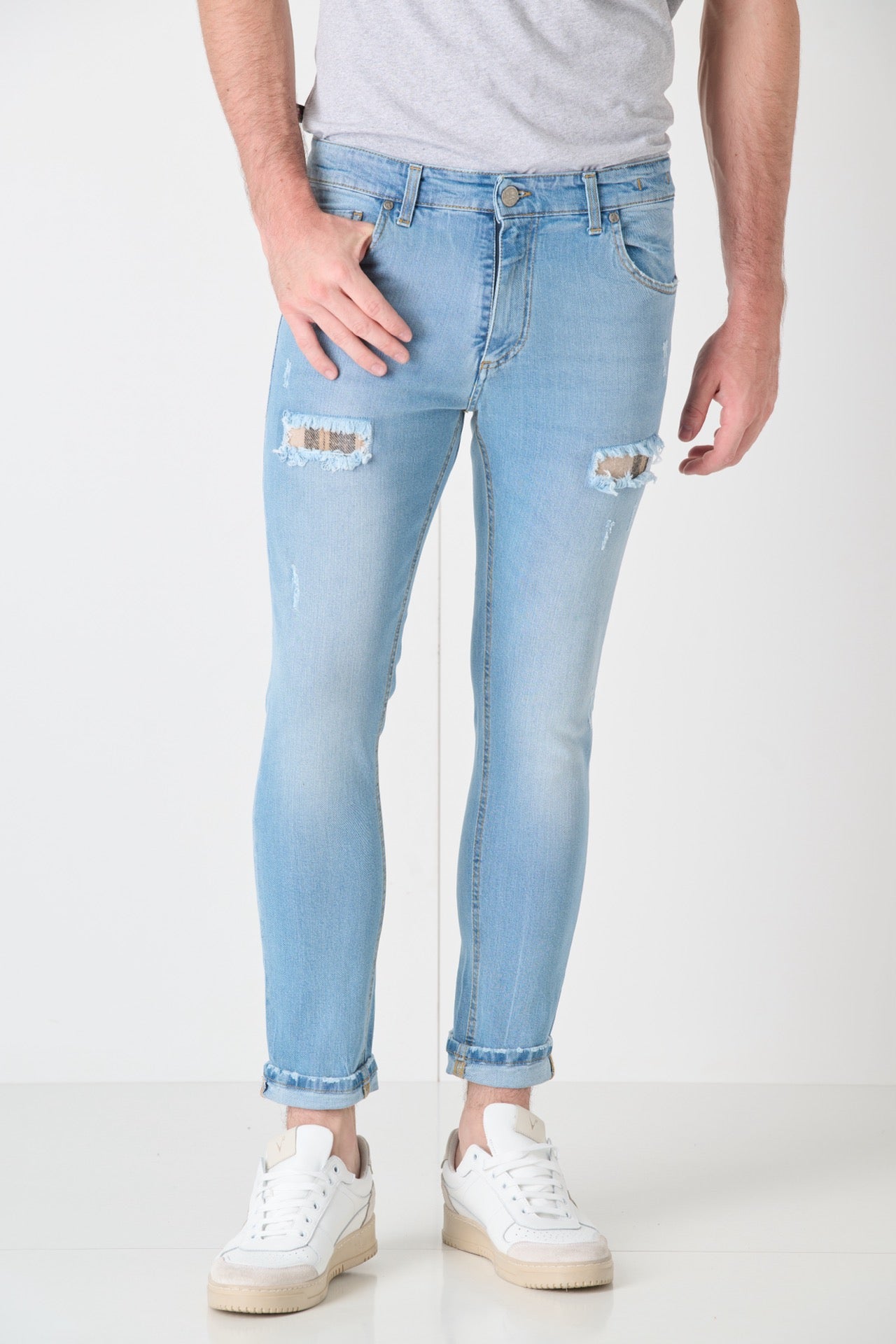 LONDON - Jeans Slim Fit - Azzurro con doppia Patch frontale e tasca in tessuto V2