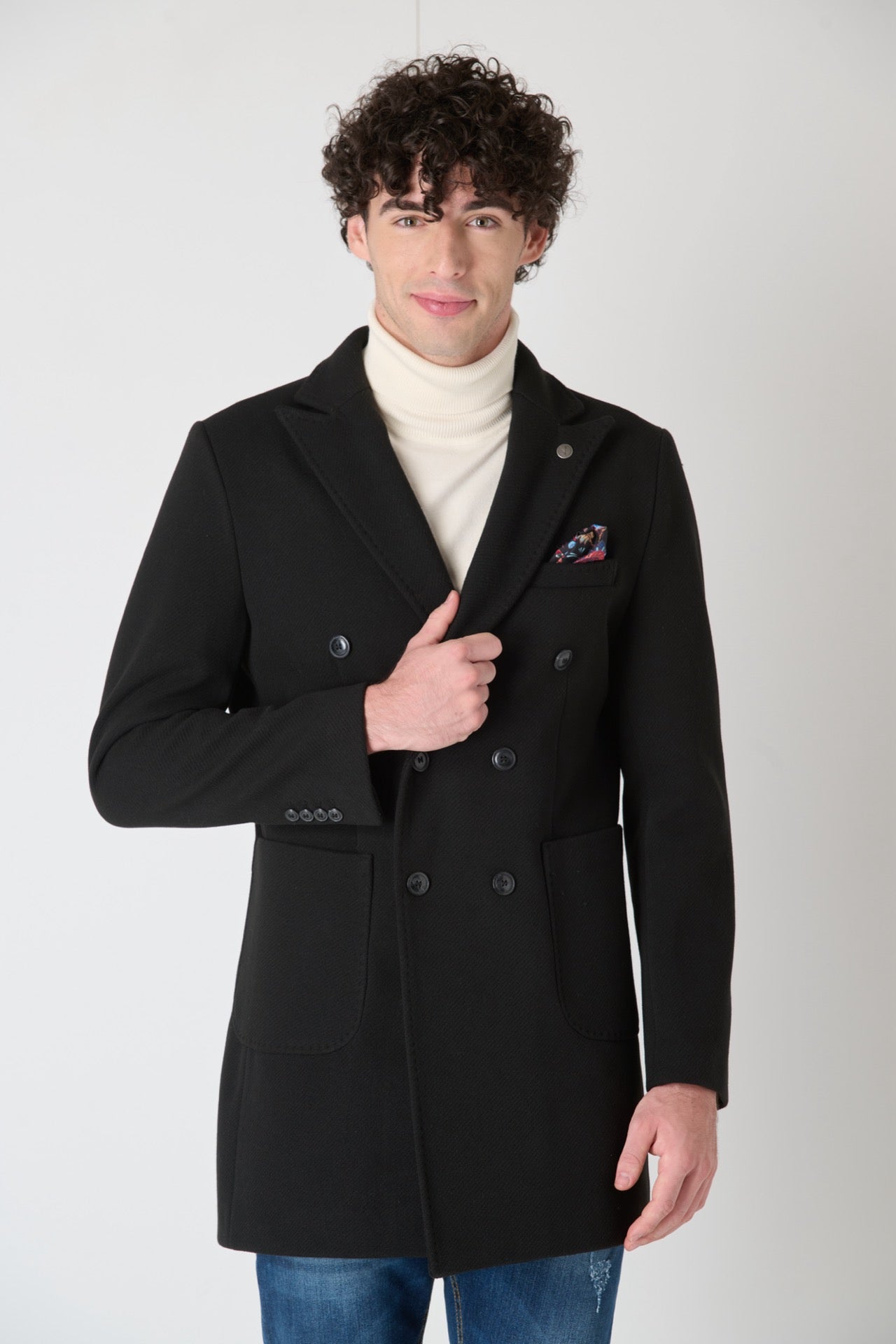 Cappotto Sartoriale Doppiopetto Nero con fodera e pochette in Tessuto V2