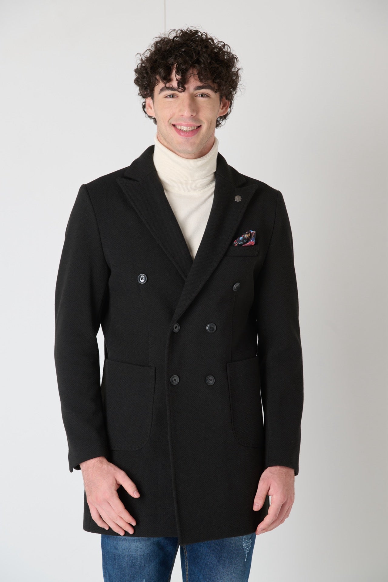 Cappotto Sartoriale Doppiopetto Nero con fodera e pochette in Tessuto V2