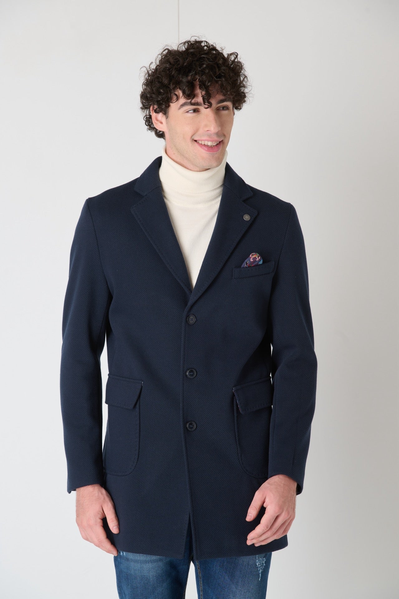 Cappotto Sartoriale Monopetto Blu con fodera e pochette in Tessuto V2