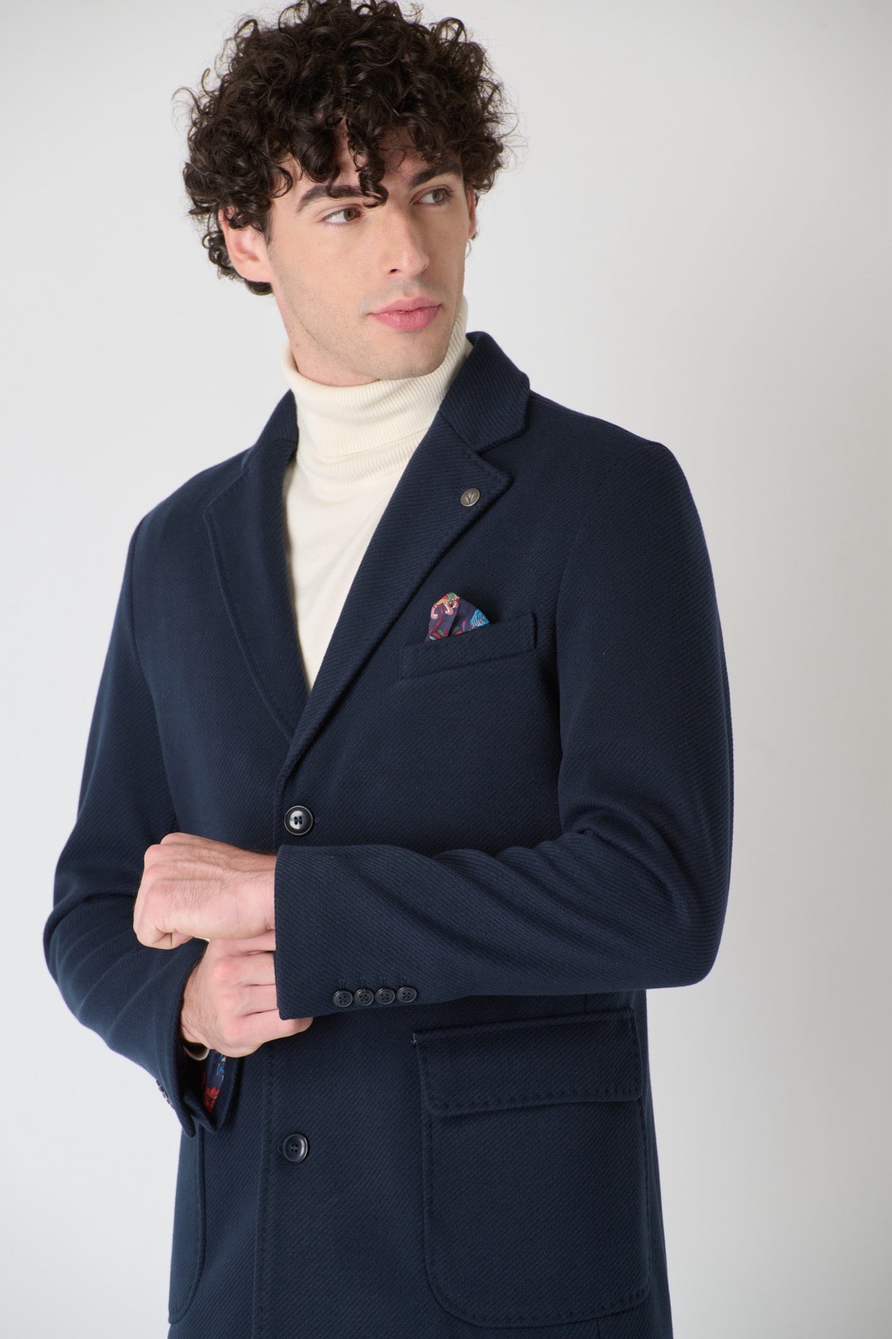 Cappotto Sartoriale Monopetto Blu con fodera e pochette in Tessuto V2