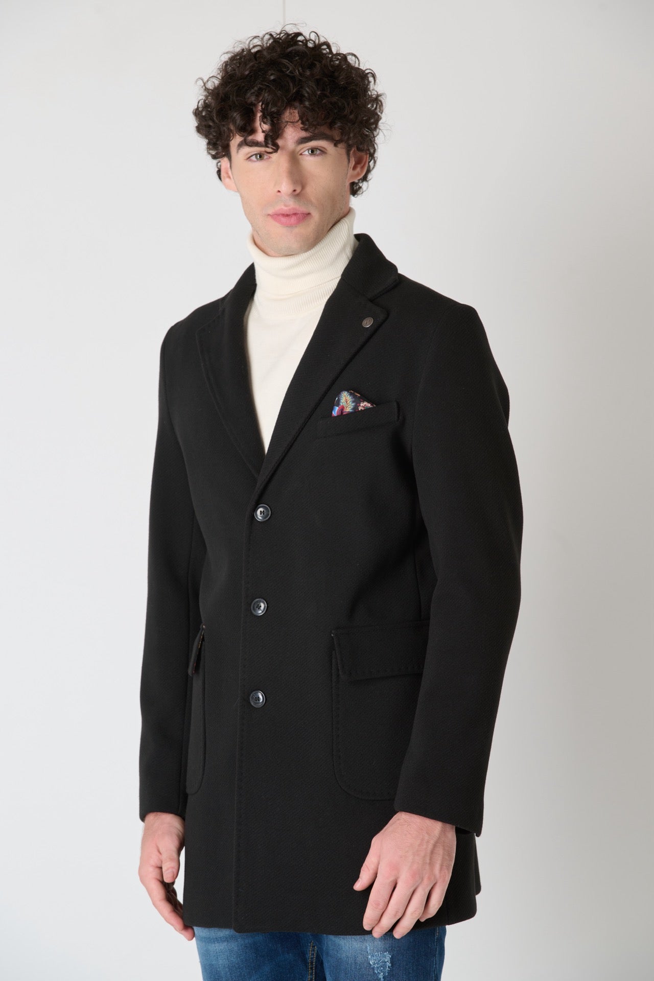 Cappotto Sartoriale Monopetto Nero con fodera e pochette in Tessuto V2