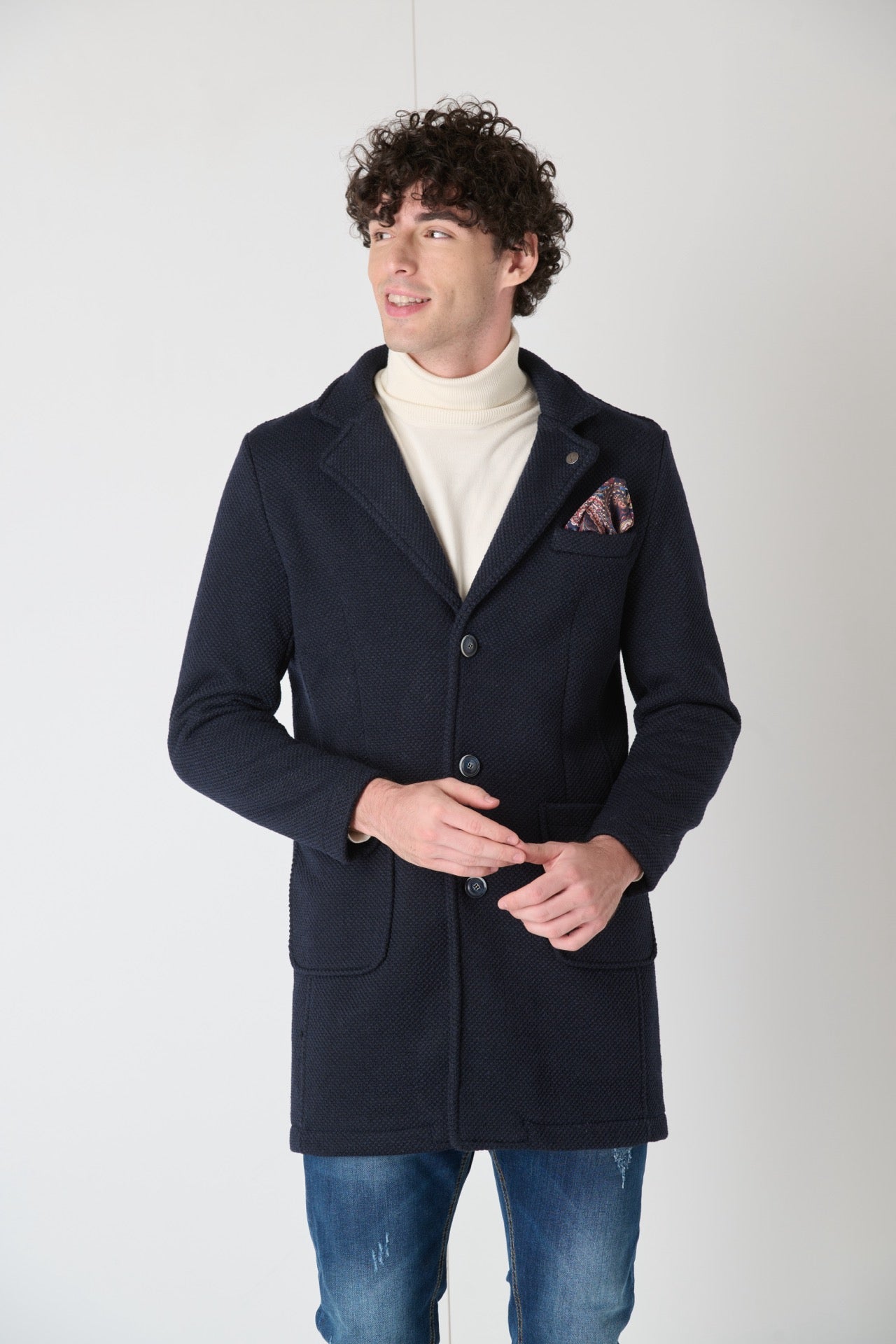 Cappotto Monopetto punto riso Blu con fodera e pochette in Tessuto V2