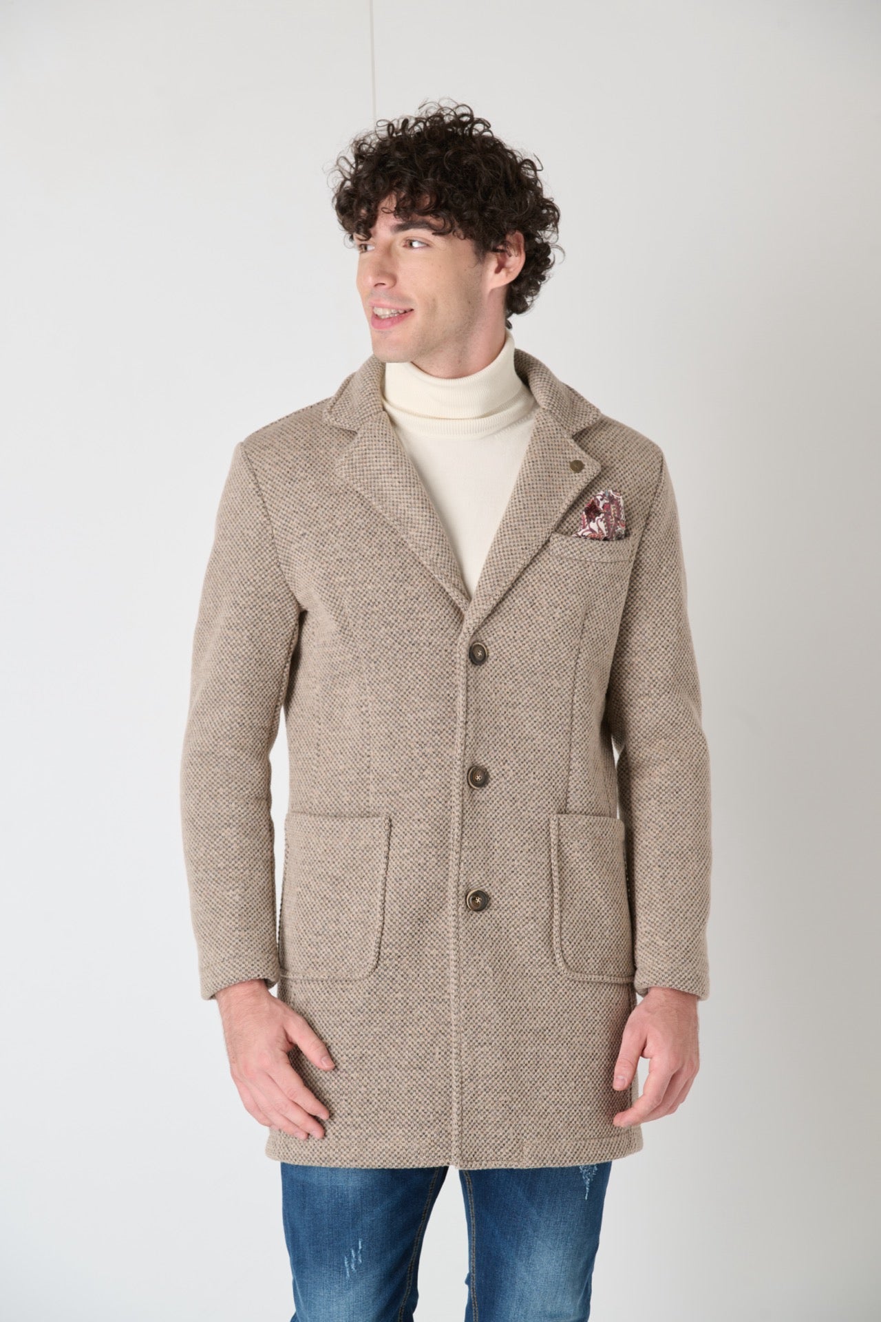 Cappotto Monopetto punto riso Sabbia con fodera e pochette in Tessuto V2