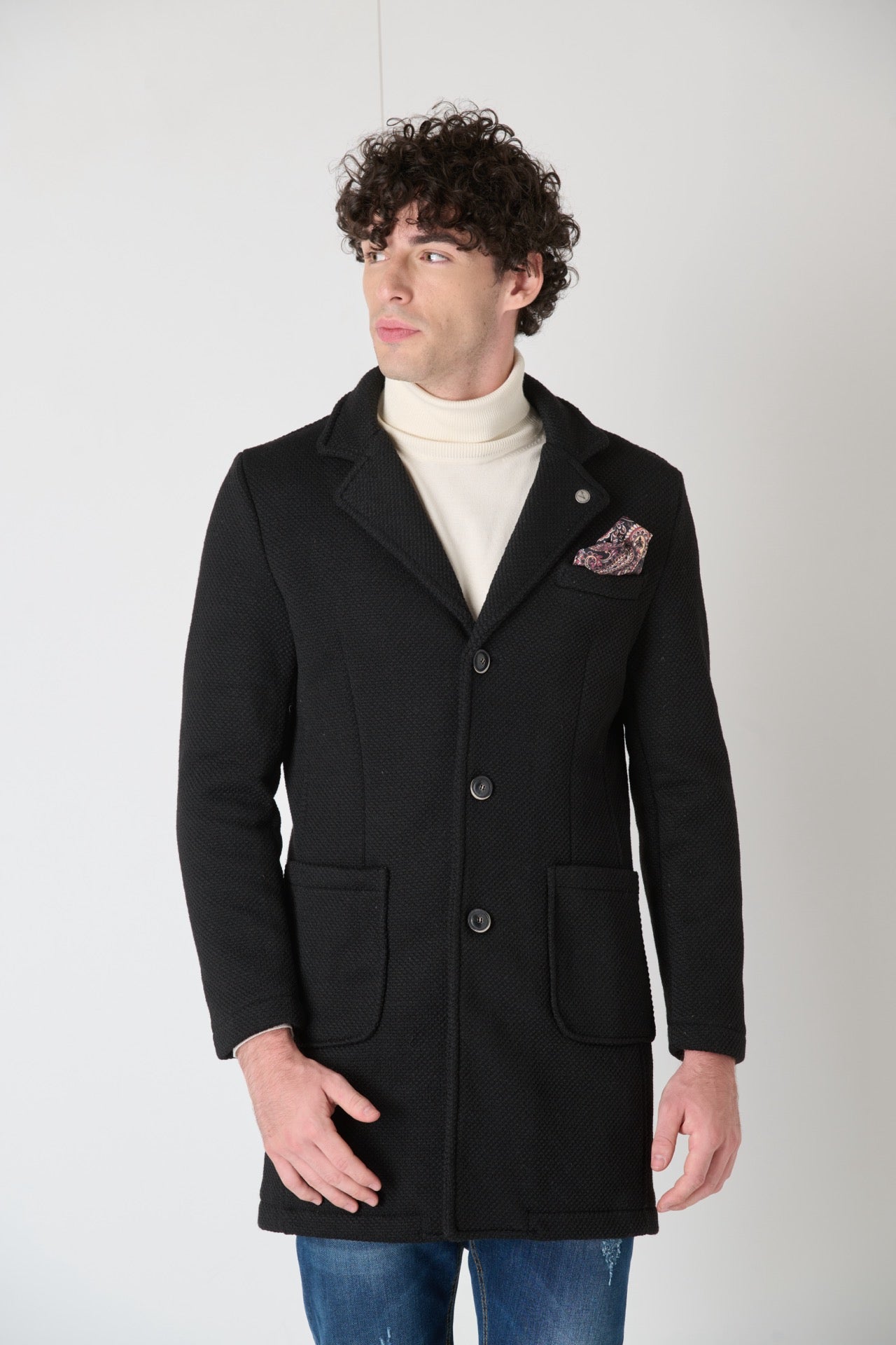 Cappotto Monopetto punto riso Nero con fodera e pochette in Tessuto V2