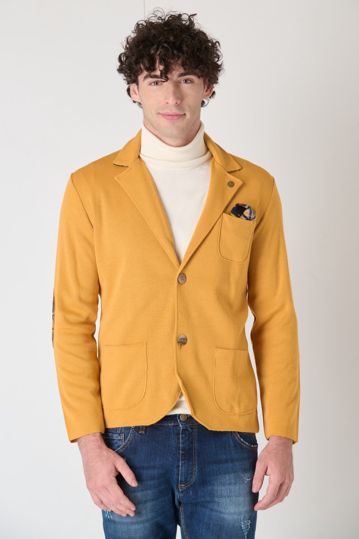 Single-breasted plain knit jacket with patches, inner collar and pocket square in V2 Mustard fabric