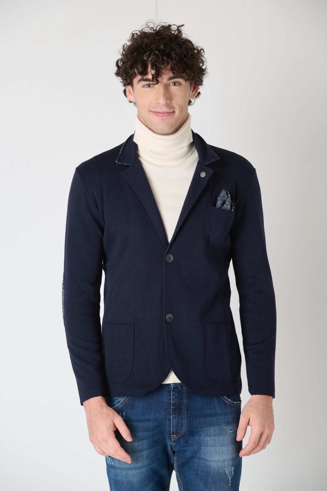 Single-breasted plain knit jacket with patches, inner collar and pocket square in V2 Blue fabric