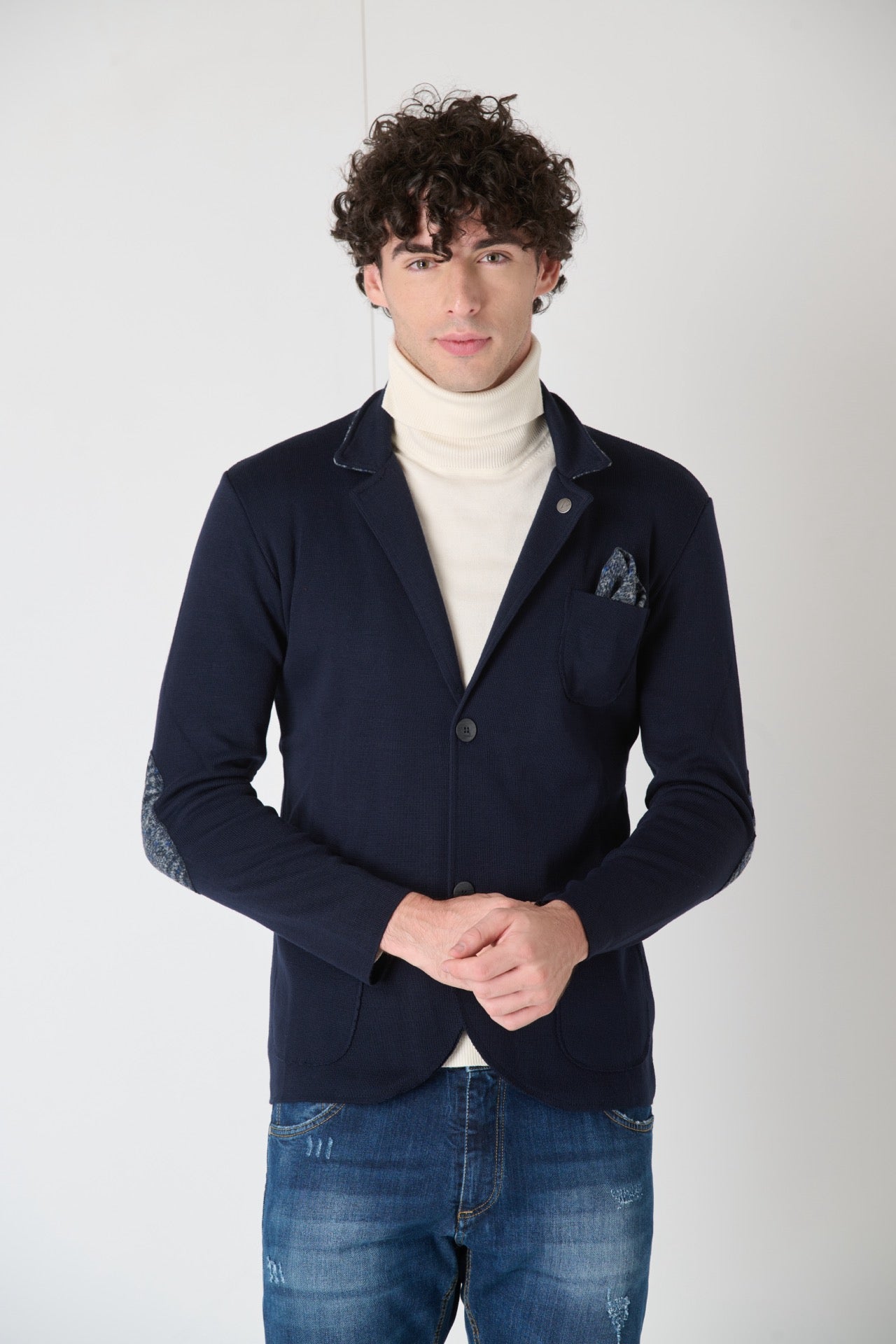 Single-breasted plain knit jacket with patches, inner collar and pocket square in V2 Blue fabric