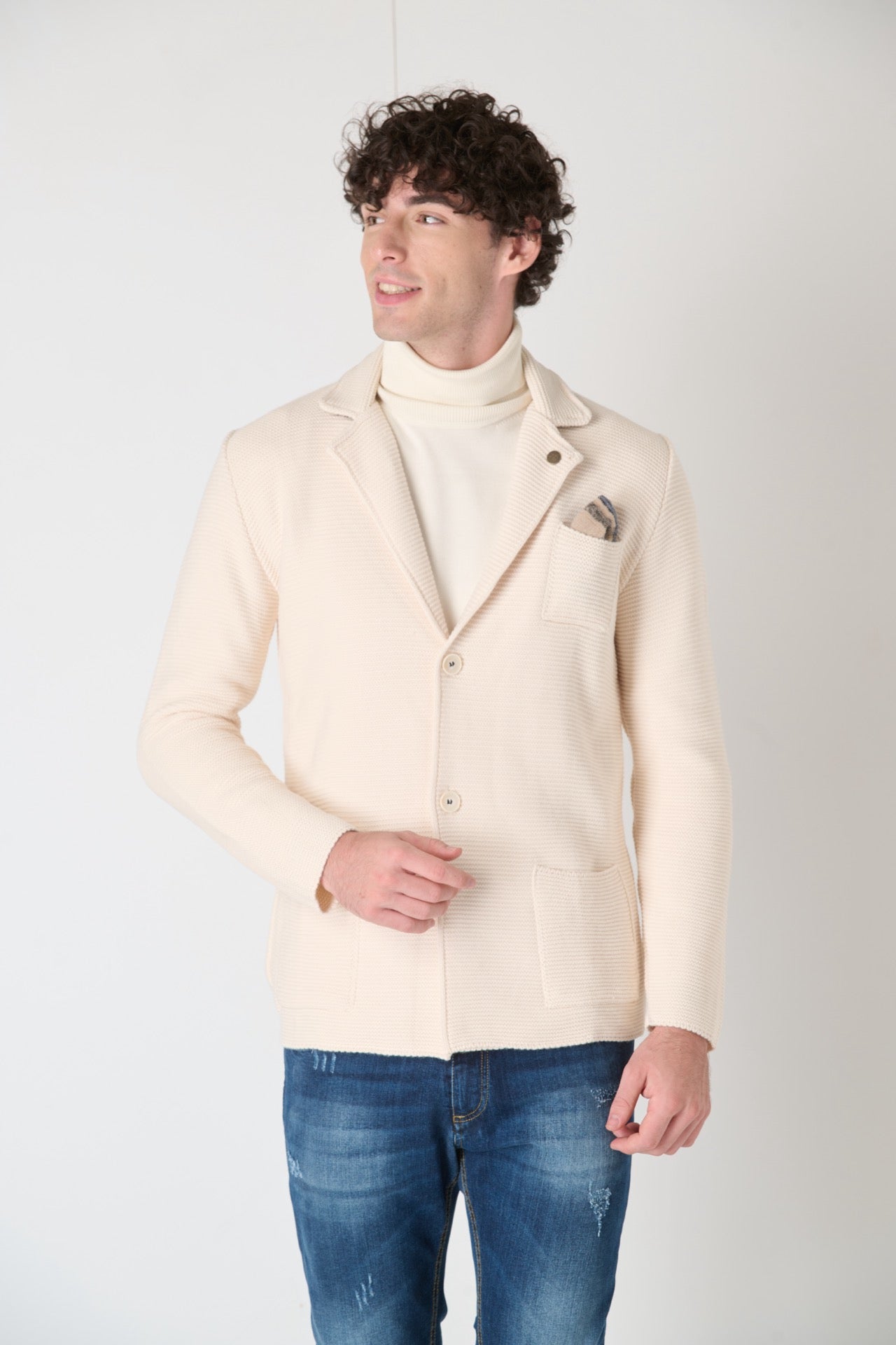 Single-breasted Links knitted jacket with inner collar and pocket square in V2 Burro fabric