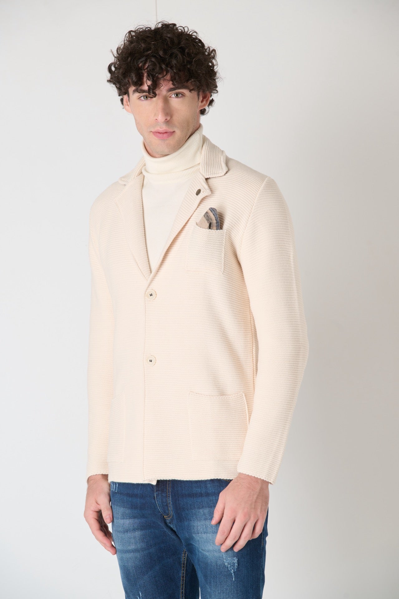 Single-breasted Links knitted jacket with inner collar and pocket square in V2 Burro fabric