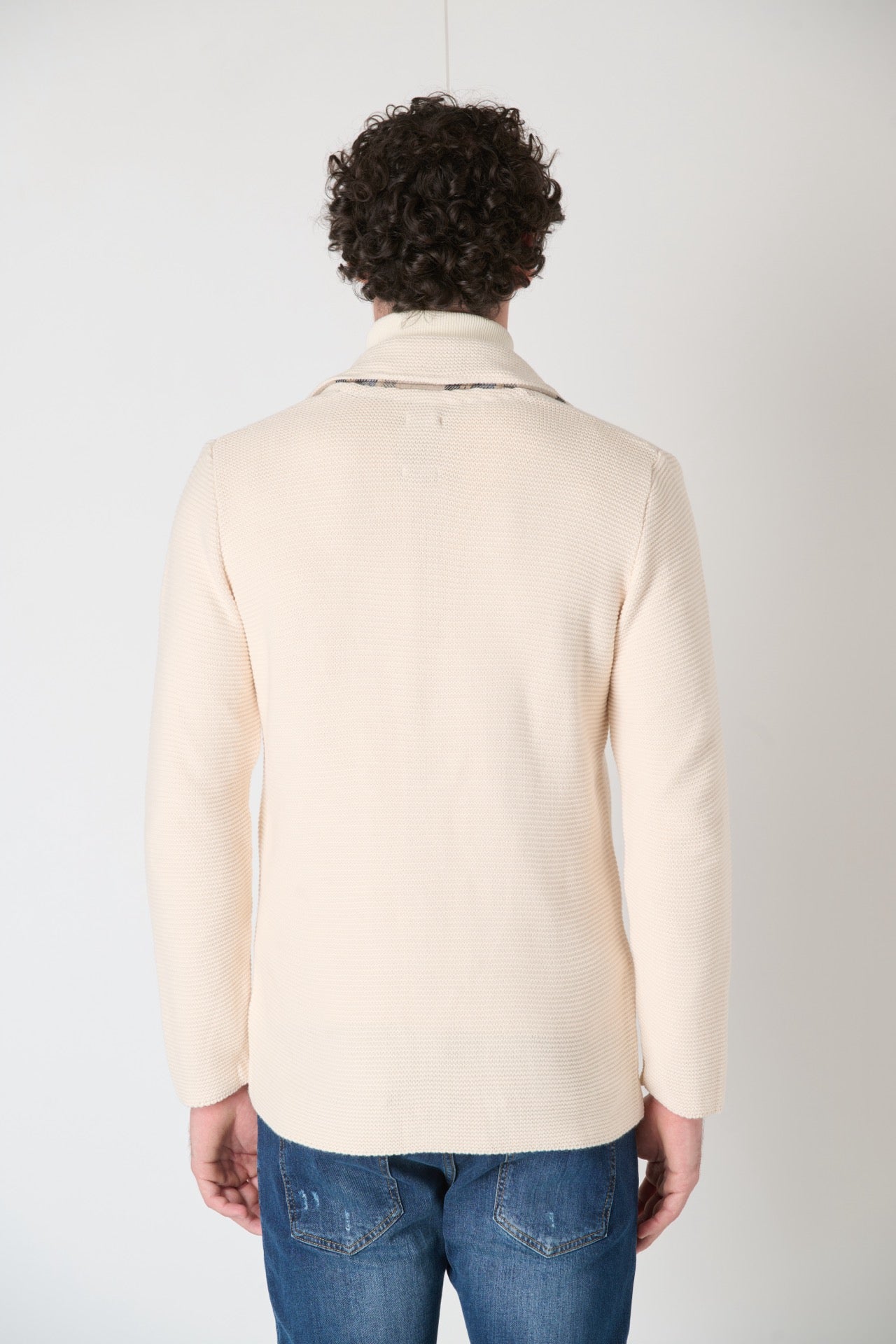 Single-breasted Links knitted jacket with inner collar and pocket square in V2 Burro fabric