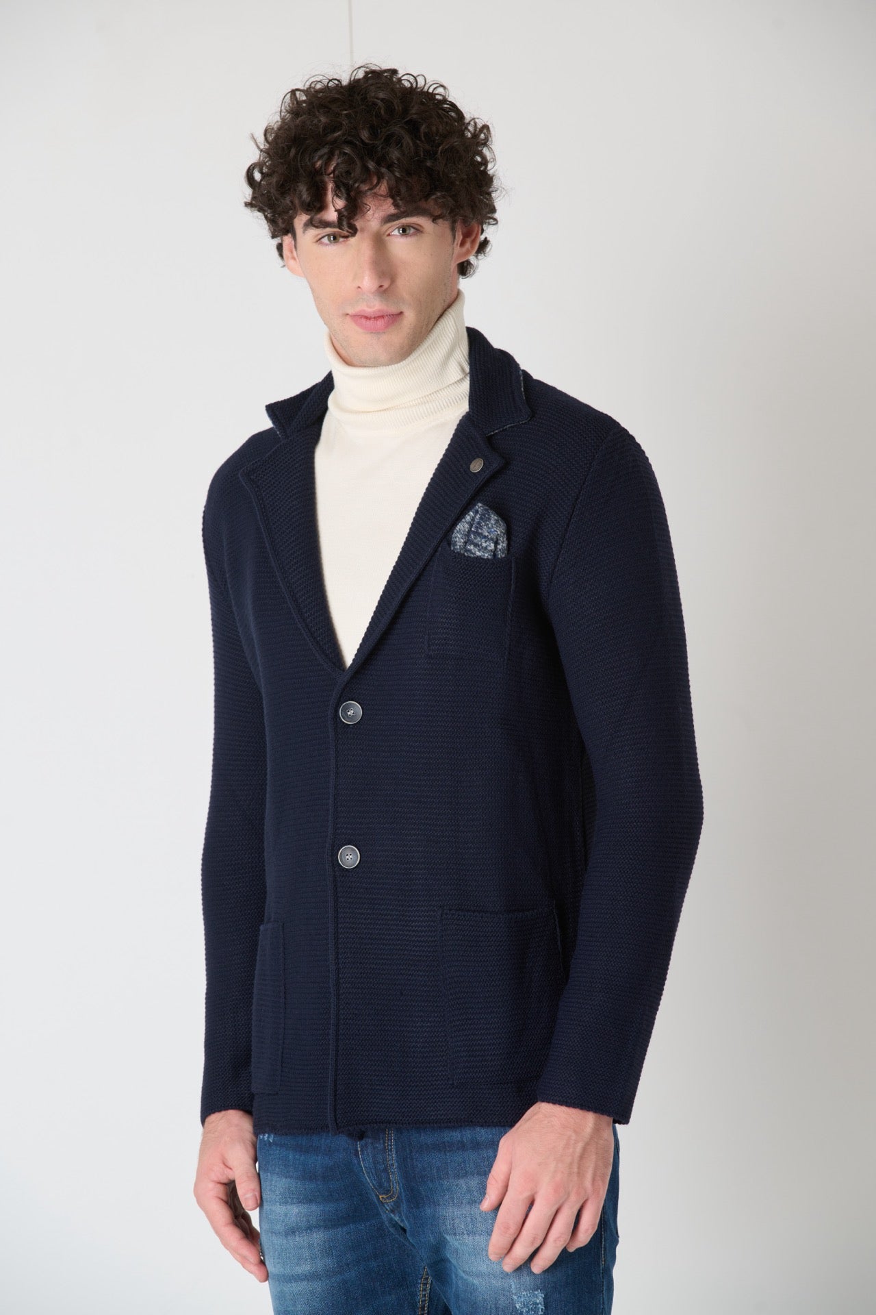 Links Single Breasted Knit Jacket with Inner Collar and Fabric Pocket Square V2 Blue