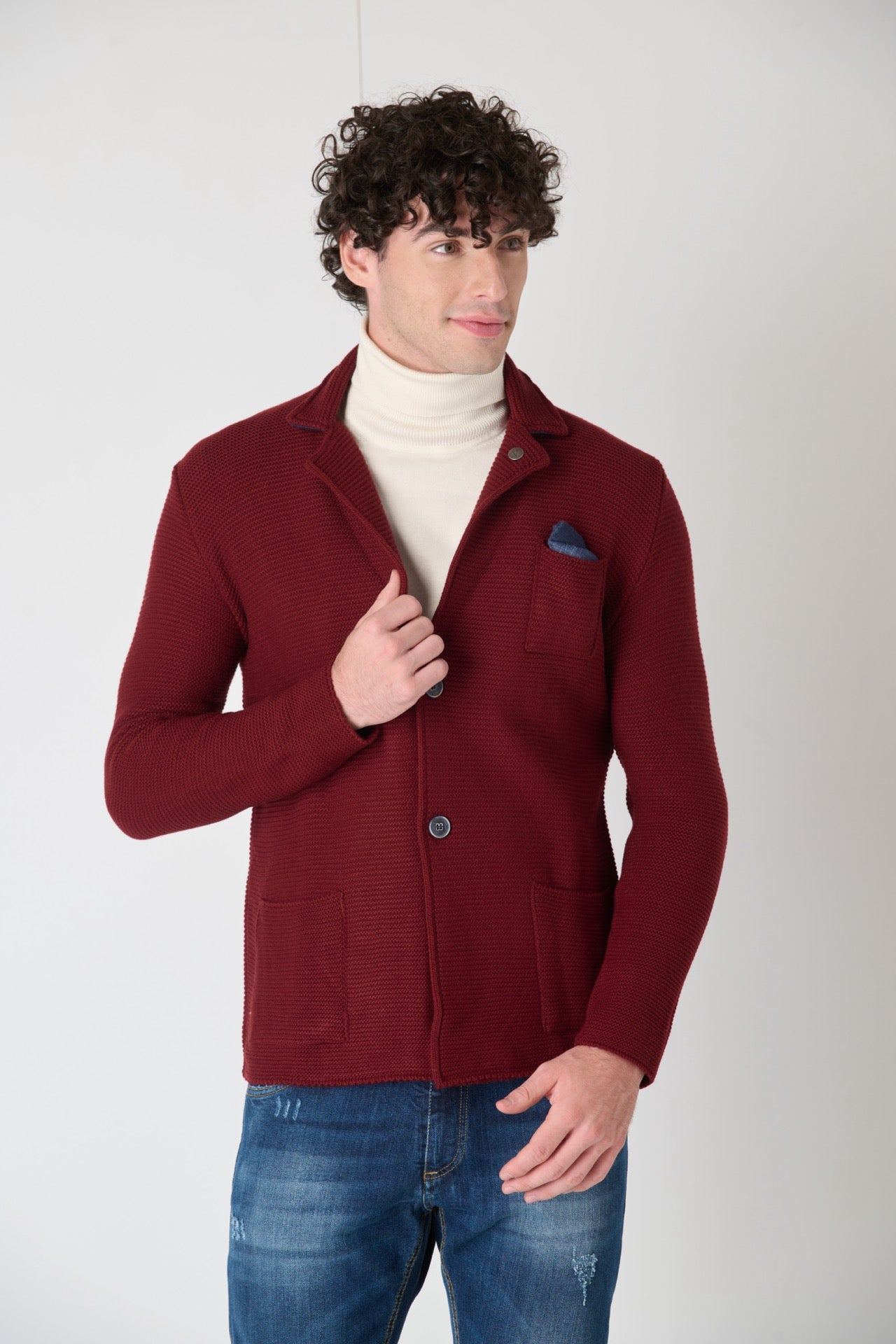 Single-breasted Links knitted jacket with inner collar and pocket square in V2 Bordeaux fabric