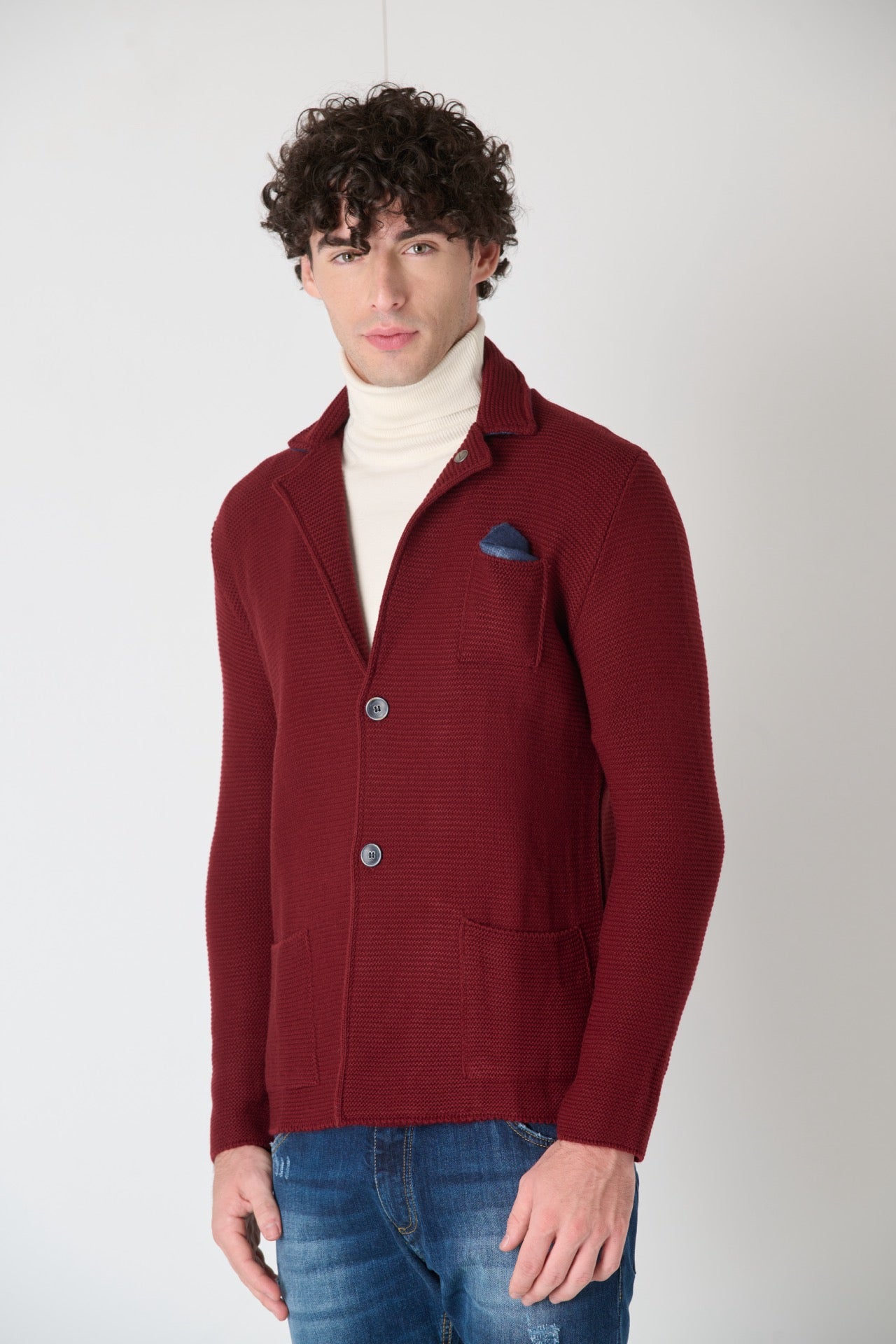 Single-breasted Links knitted jacket with inner collar and pocket square in V2 Bordeaux fabric