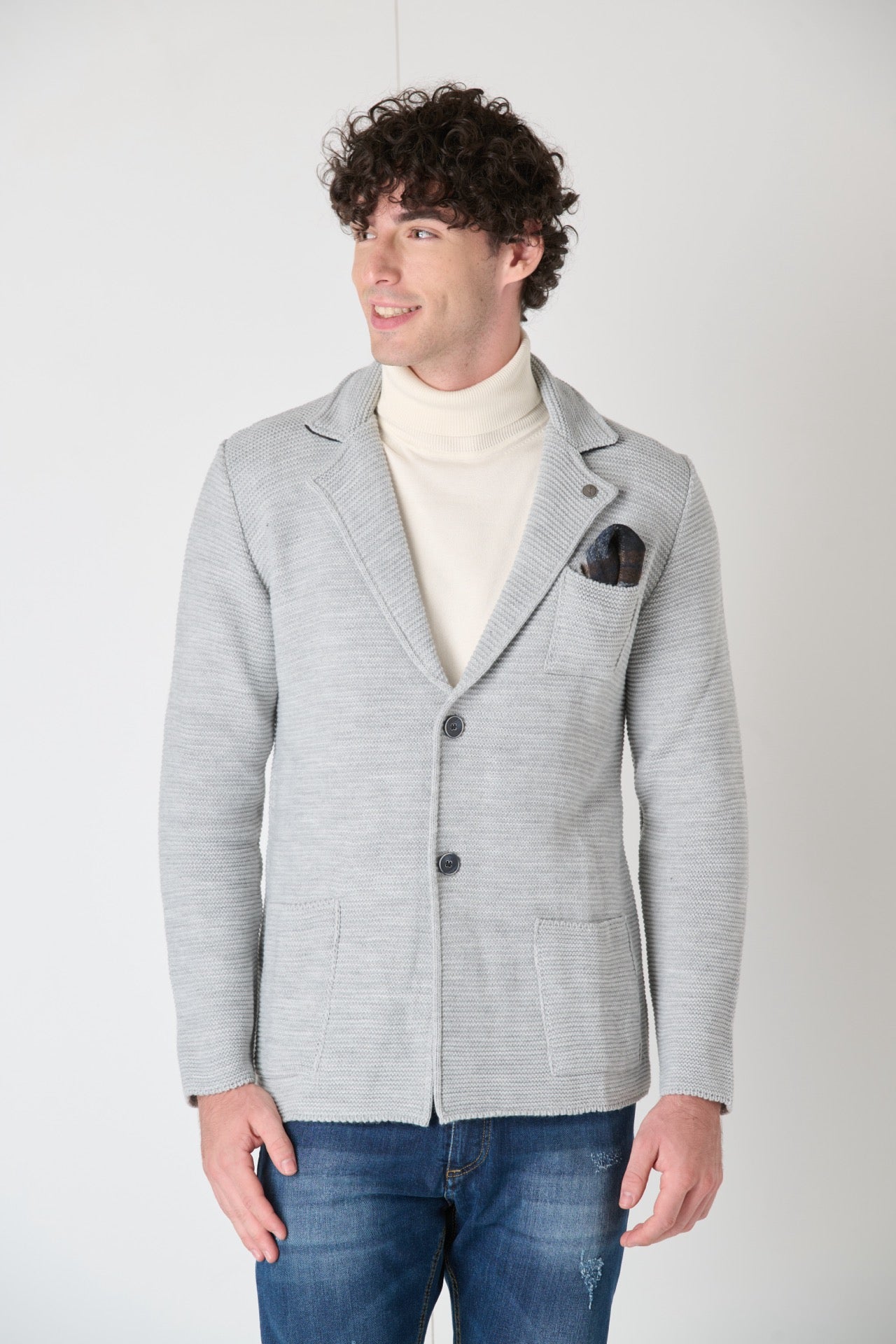 Links Single Breasted Knit Jacket with Inner Collar and Pocket Square in V2 Pearl Grey Fabric