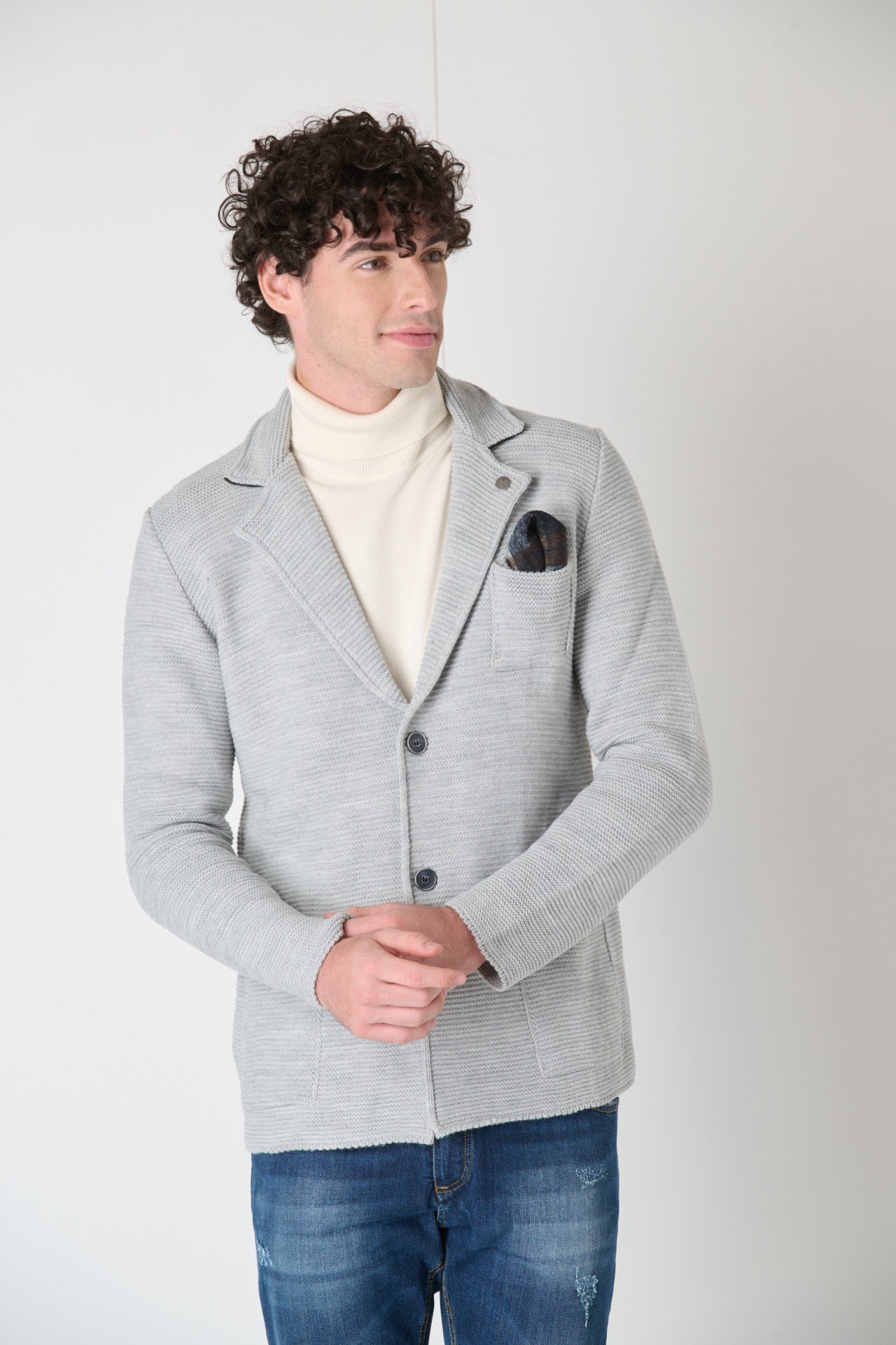 Links Single Breasted Knit Jacket with Inner Collar and Pocket Square in V2 Pearl Grey Fabric