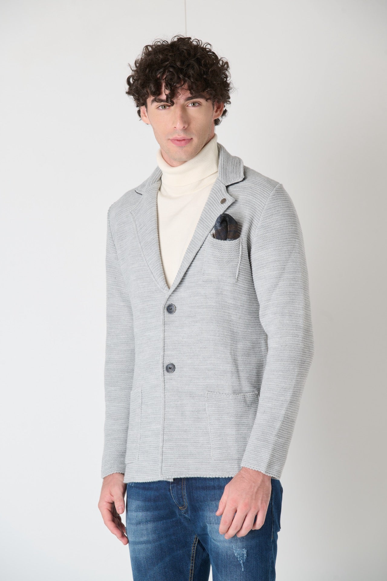 Links Single Breasted Knit Jacket with Inner Collar and Pocket Square in V2 Pearl Grey Fabric