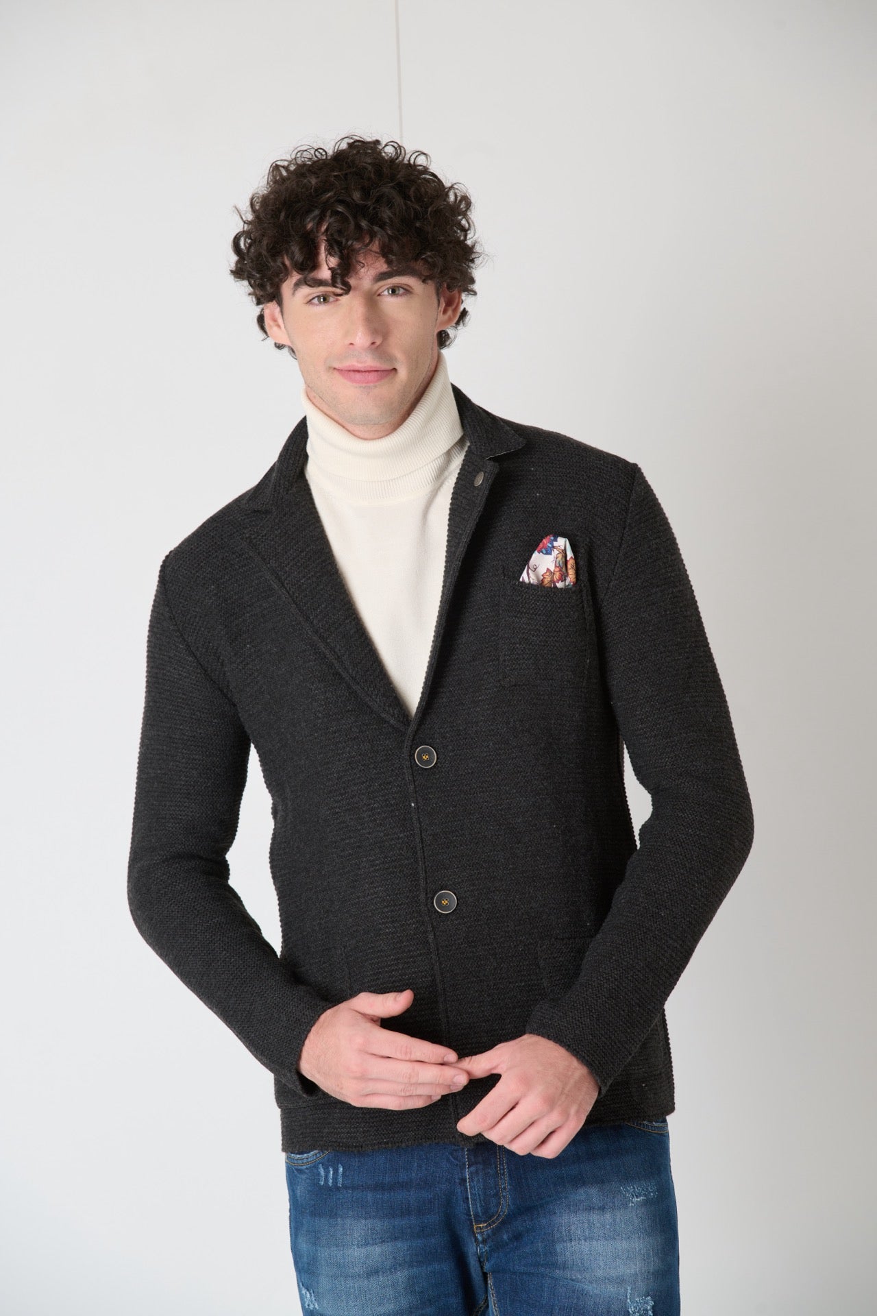 Links Single Breasted Knit Jacket with Inner Collar and Pocket Square in V2 Anthracite Grey Fabric