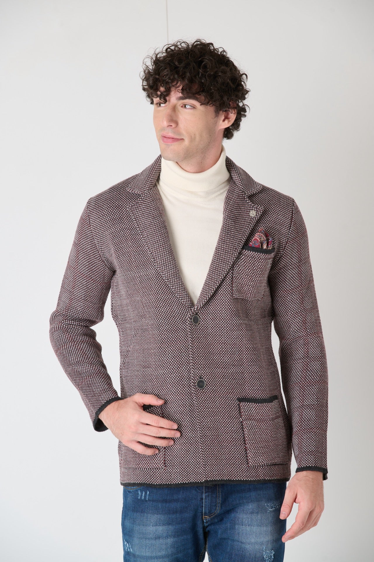 Single Breasted Four Color Pique Knit Jacket with Fabric Pocket Square V2