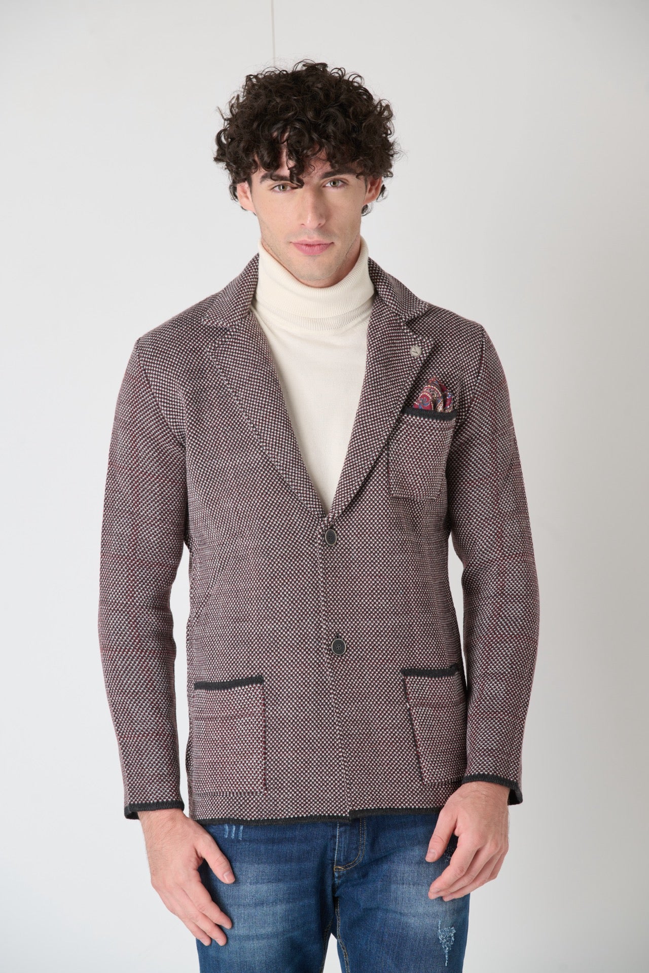 Single Breasted Four Color Pique Knit Jacket with Fabric Pocket Square V2