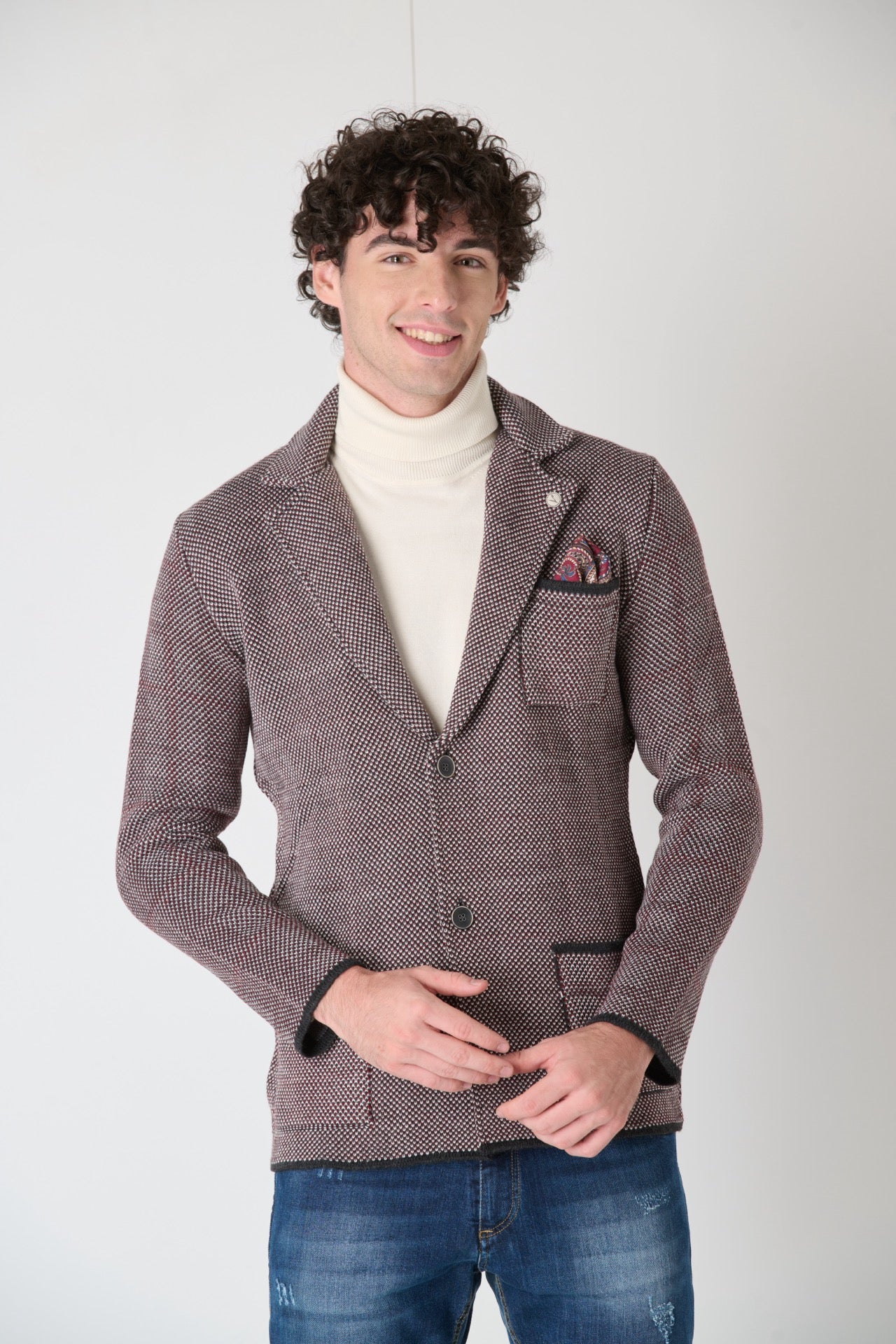 Single Breasted Four Color Pique Knit Jacket with Fabric Pocket Square V2