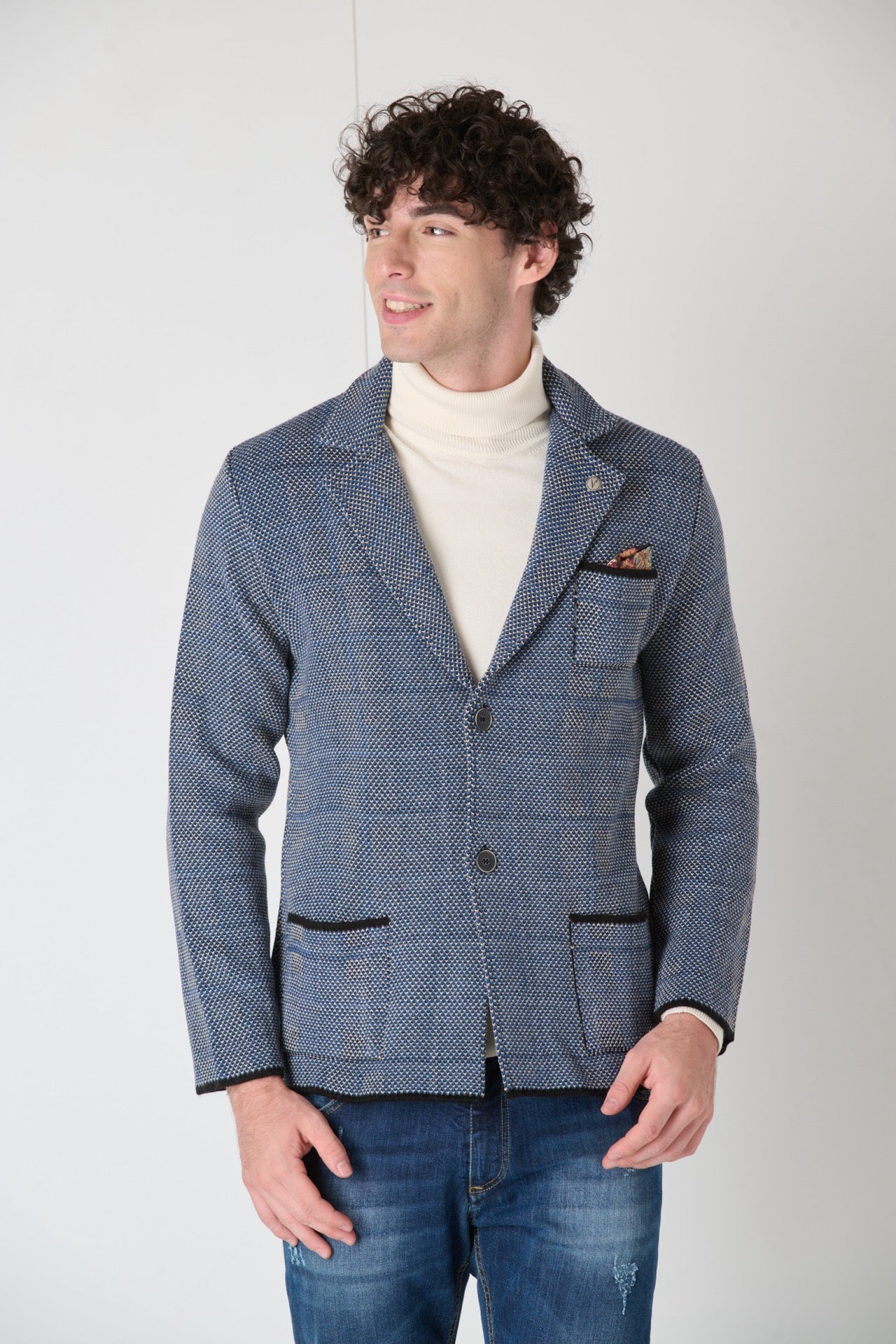 Single Breasted Four Color Pique Knit Jacket with Fabric Pocket Square V2