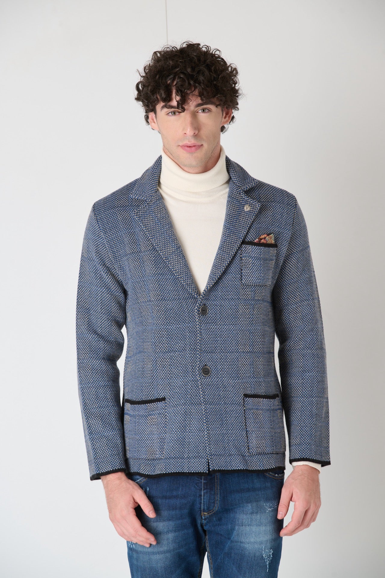 Single Breasted Four Color Pique Knit Jacket with Fabric Pocket Square V2