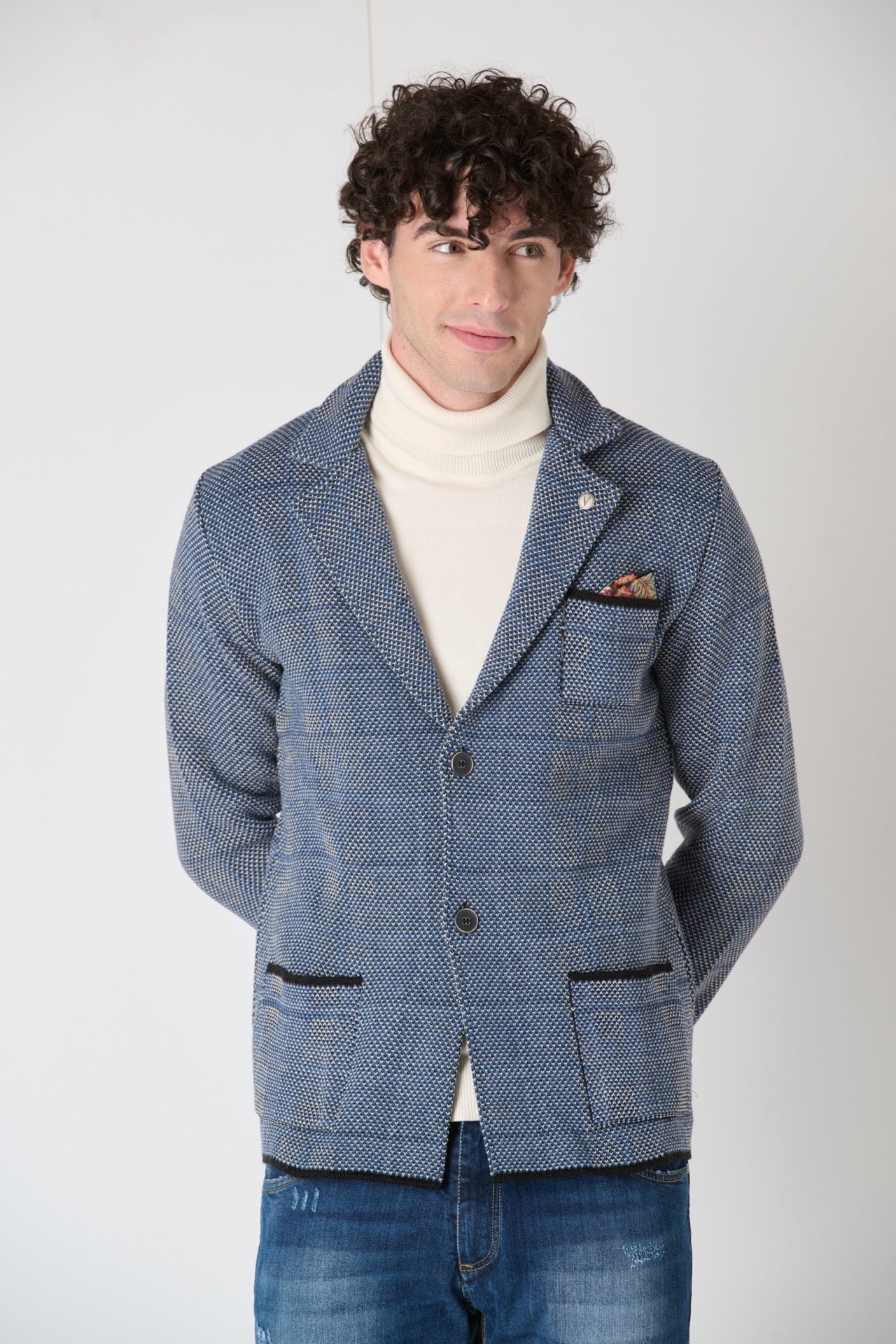 Single Breasted Four Color Pique Knit Jacket with Fabric Pocket Square V2