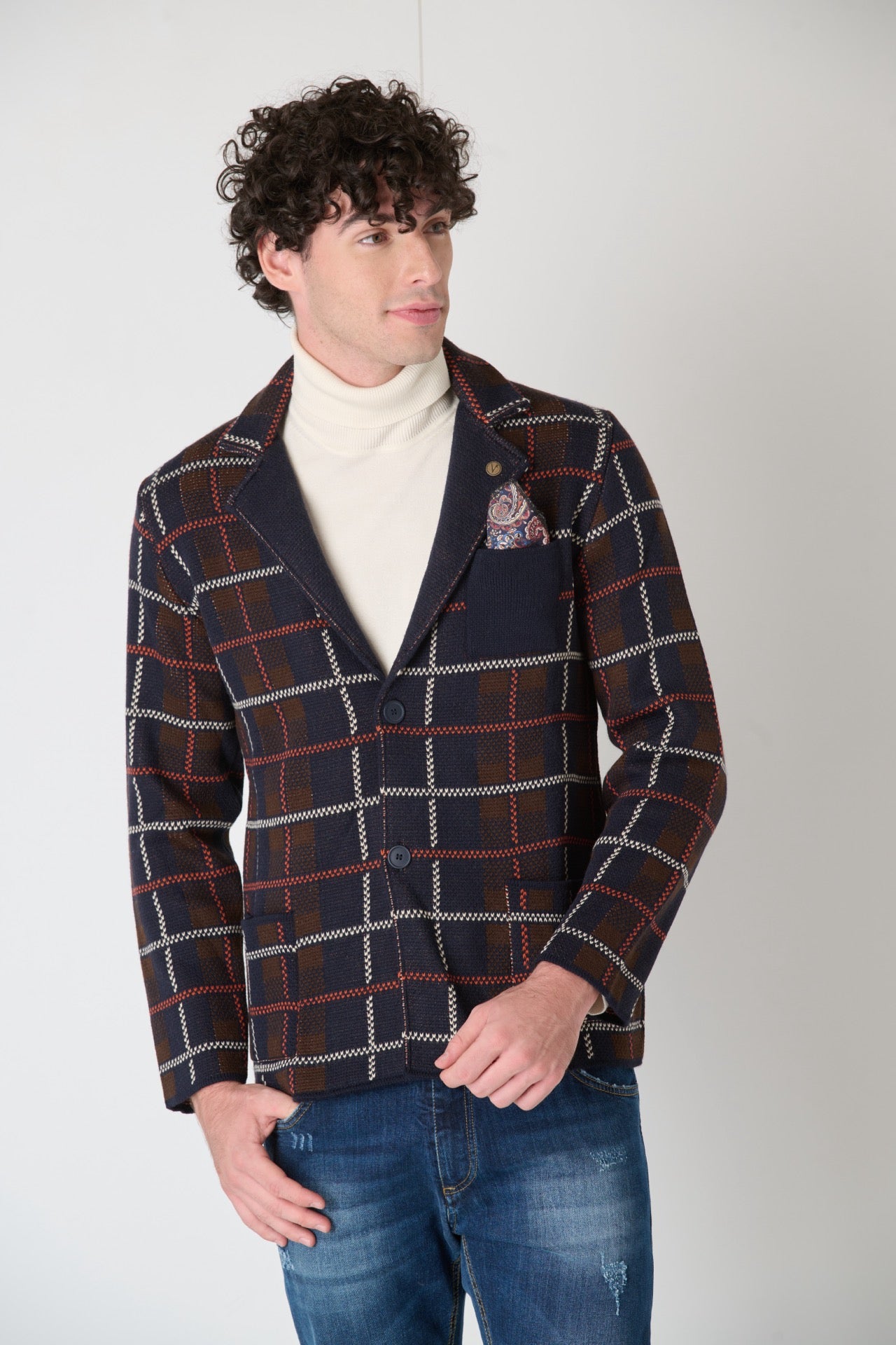 Single Breasted Blue Tartan Knit Jacket with Fabric Pocket Square V2