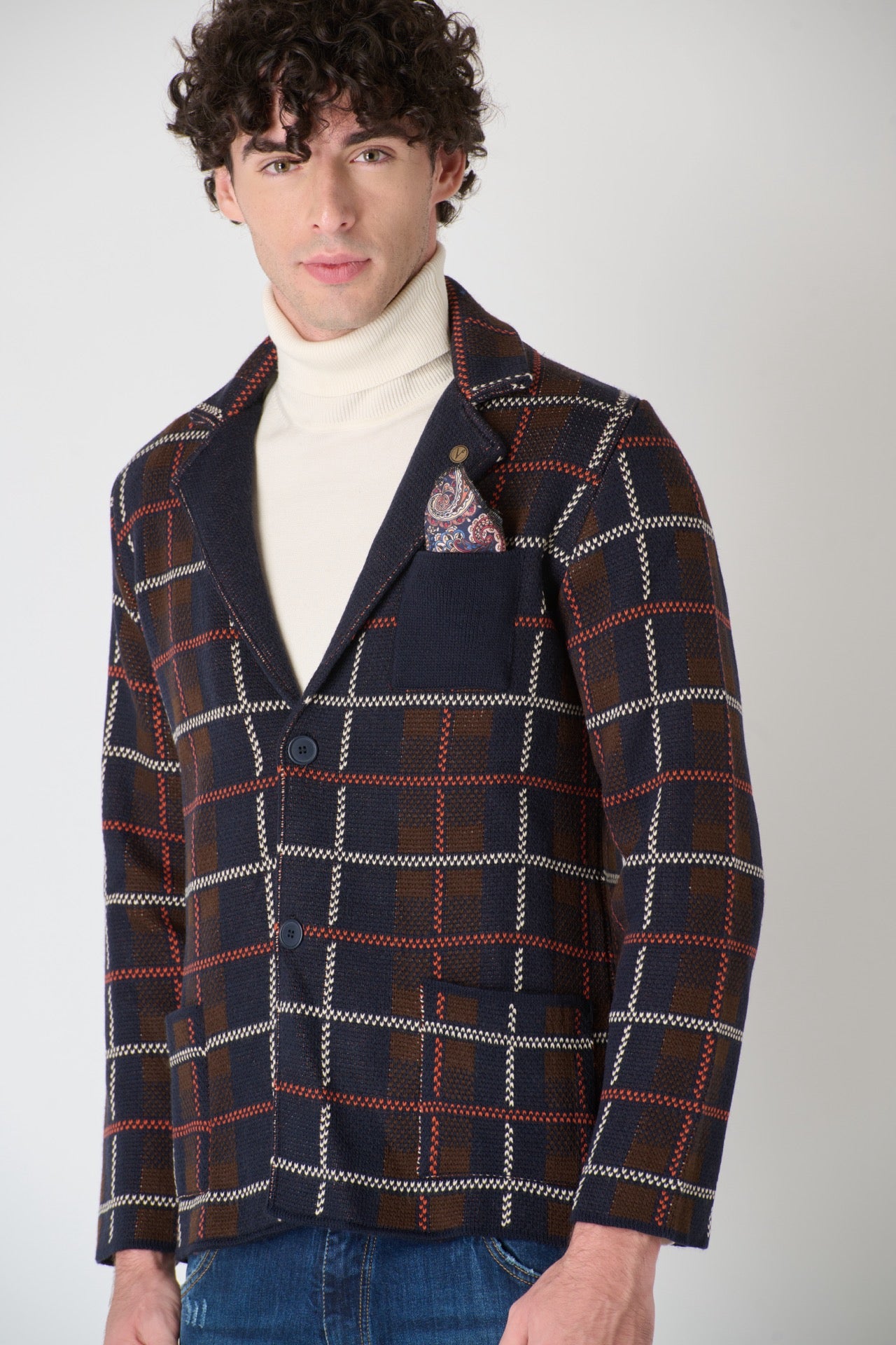 Single Breasted Blue Tartan Knit Jacket with Fabric Pocket Square V2