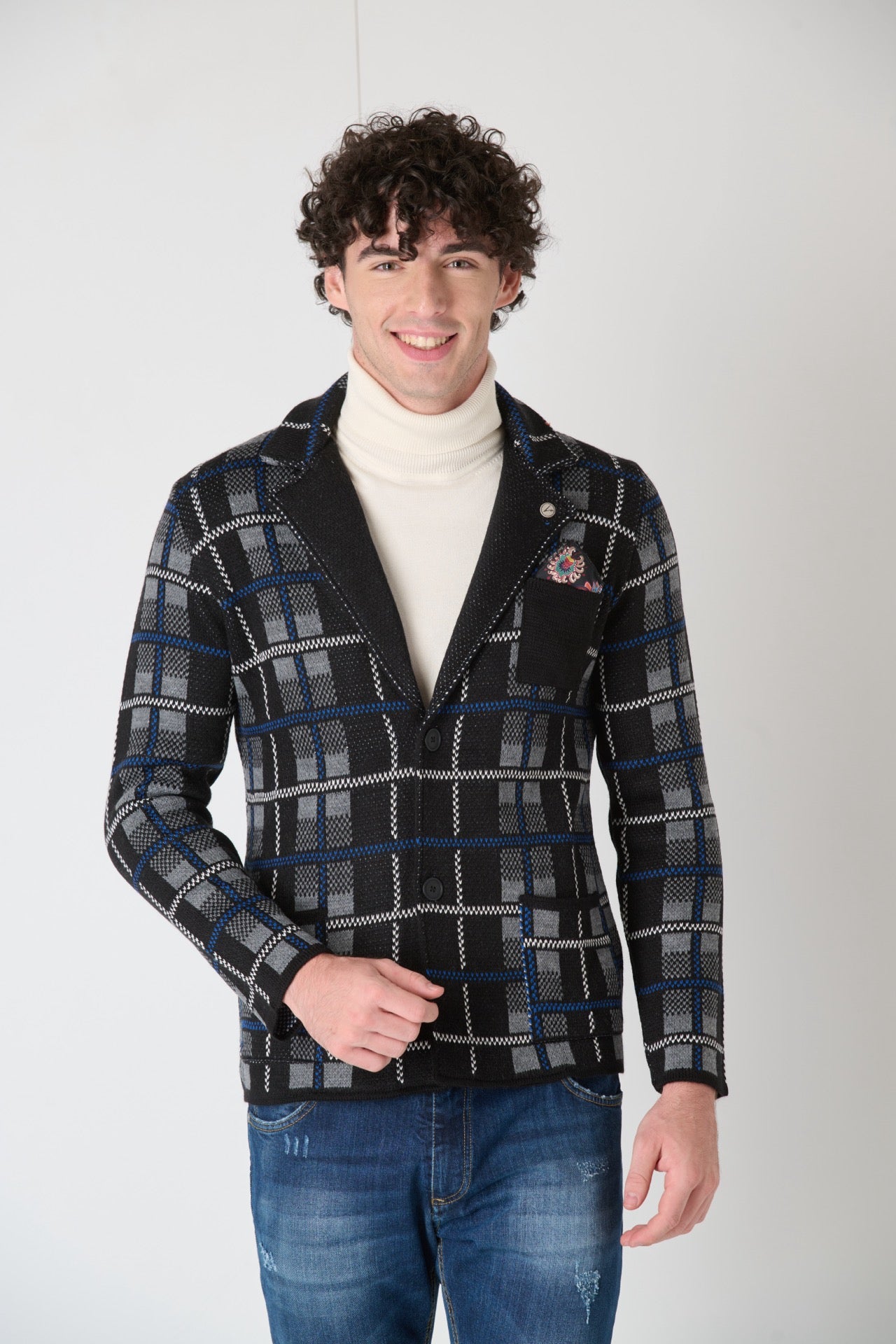 Black Single Breasted Plaid Knit Jacket with Fabric Pocket Square V2