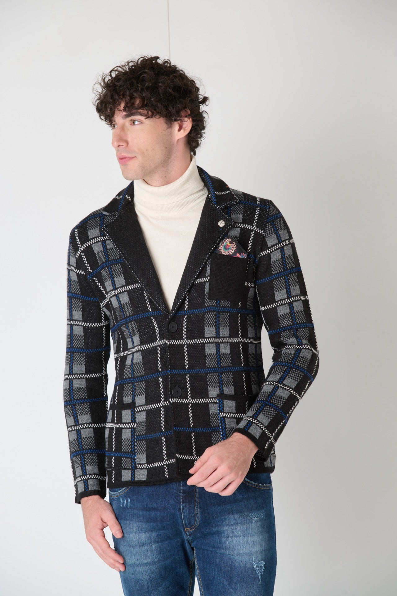 Black Single Breasted Plaid Knit Jacket with Fabric Pocket Square V2