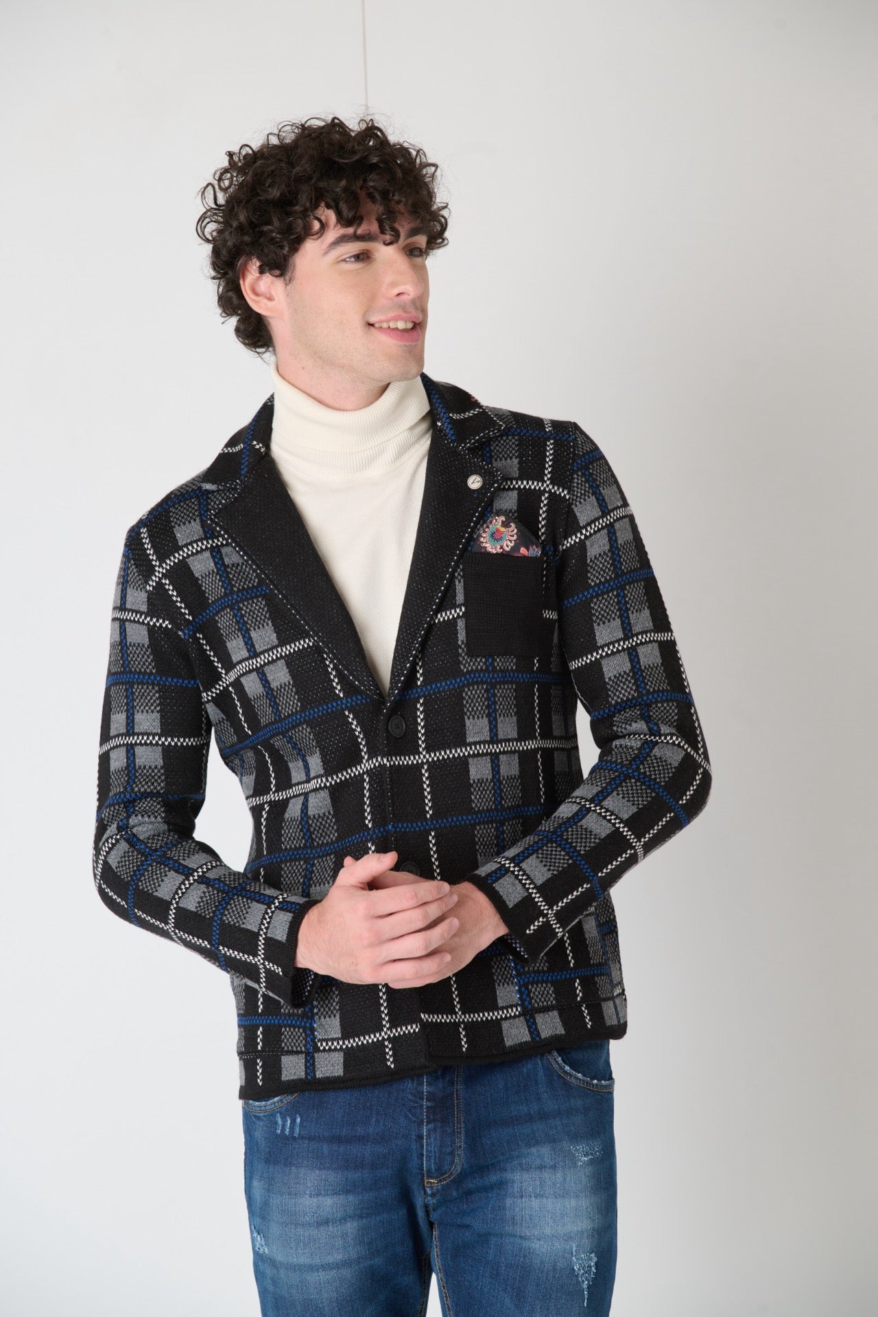 Black Single Breasted Plaid Knit Jacket with Fabric Pocket Square V2