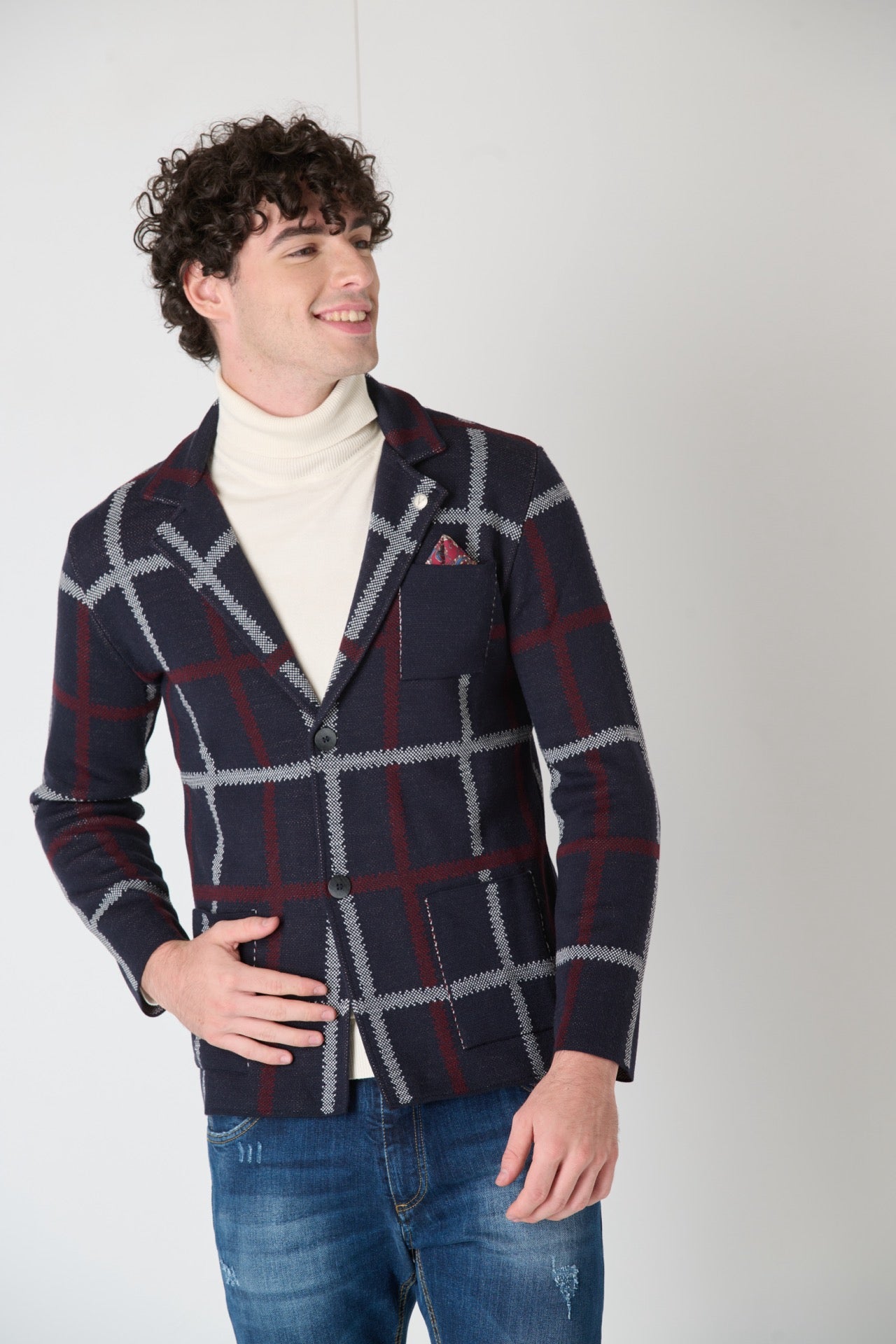 Single Breasted Blue Check Knit Jacket with Fabric Pocket Square V2