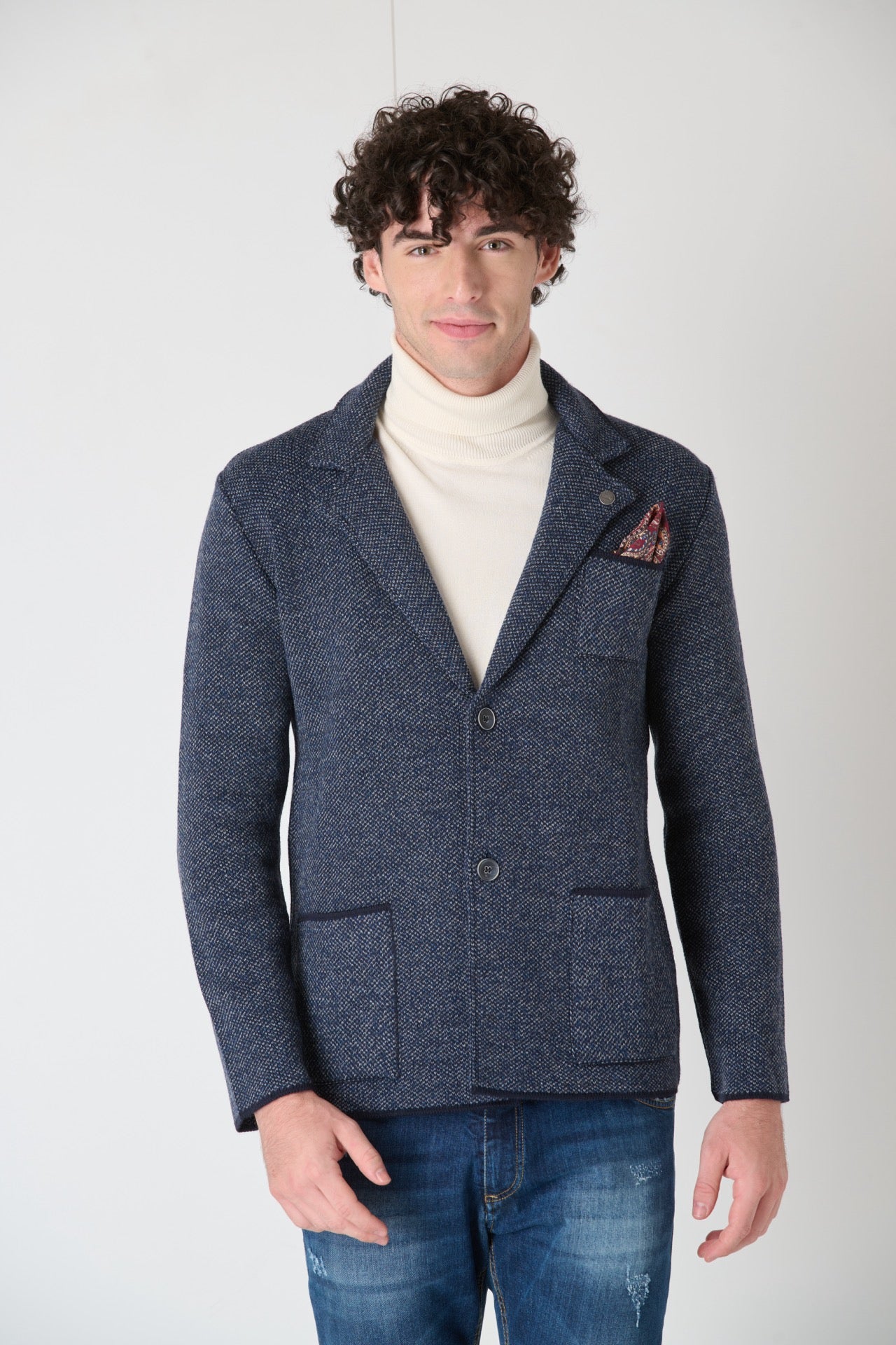 Single-breasted two-tone piquet knit jacket with fabric pocket square V2