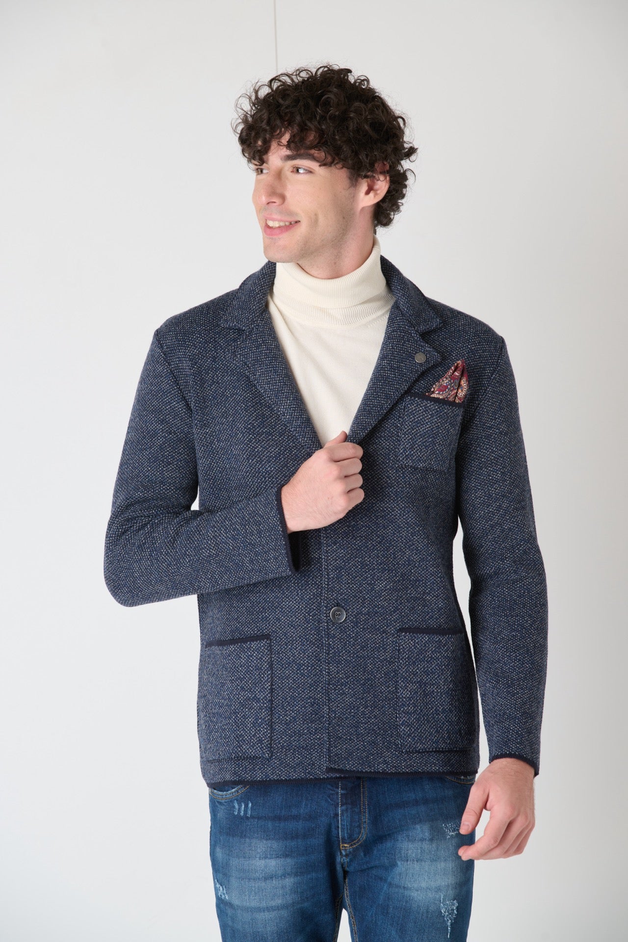 Single-breasted two-tone piquet knit jacket with fabric pocket square V2