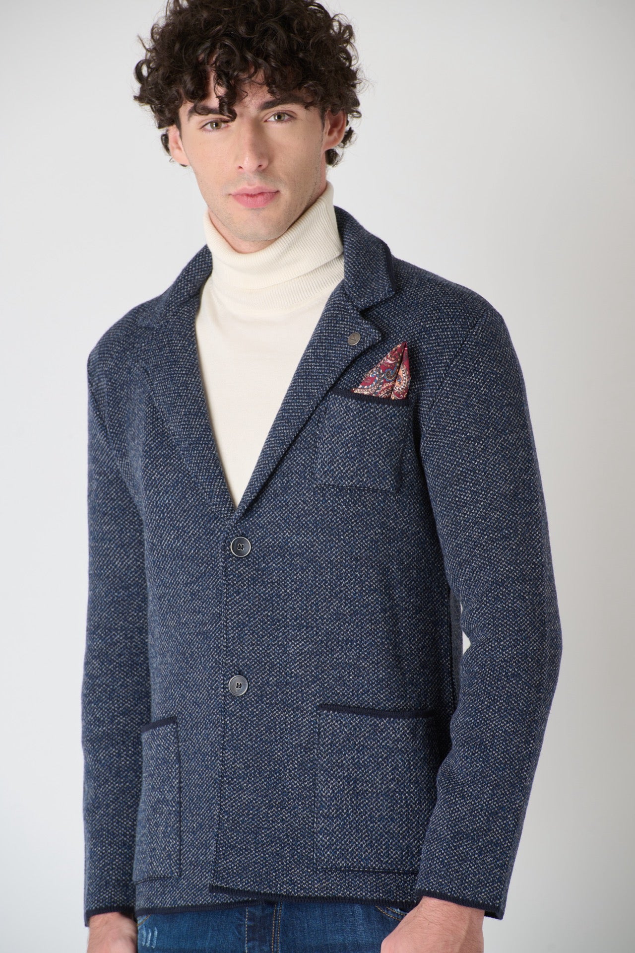 Single-breasted two-tone piquet knit jacket with fabric pocket square V2