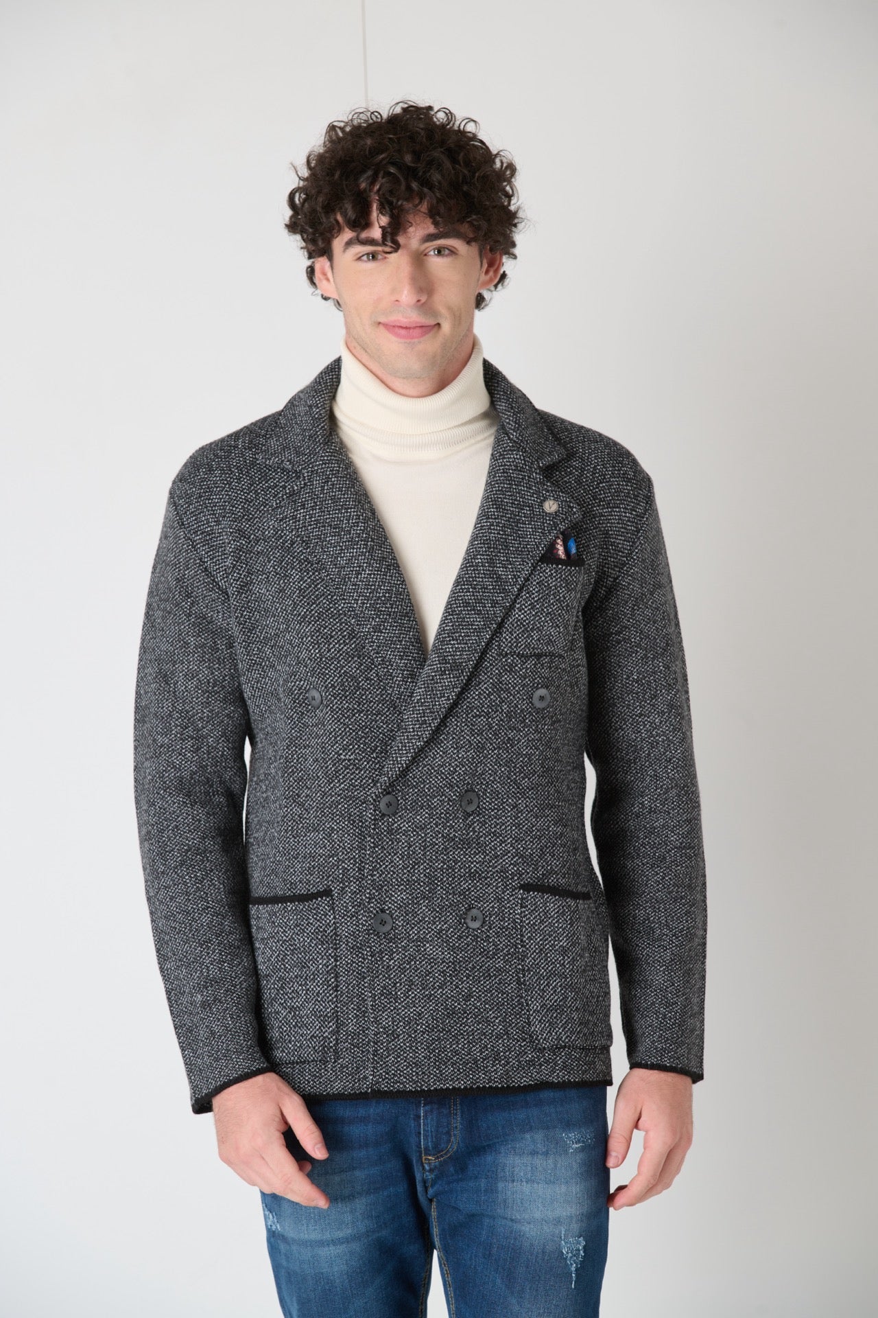 Double-breasted Piquet Knit Jacket with Two-tone Fabric Pocket Square V2