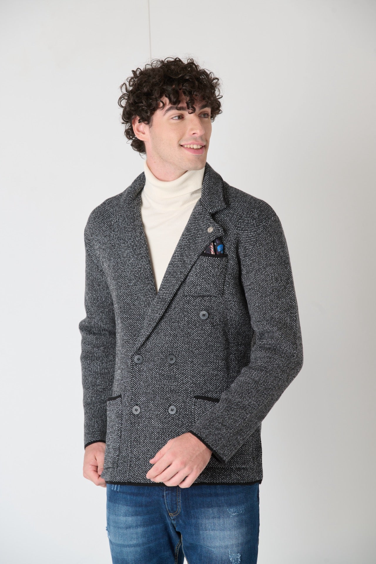 Double-breasted Piquet Knit Jacket with Two-tone Fabric Pocket Square V2