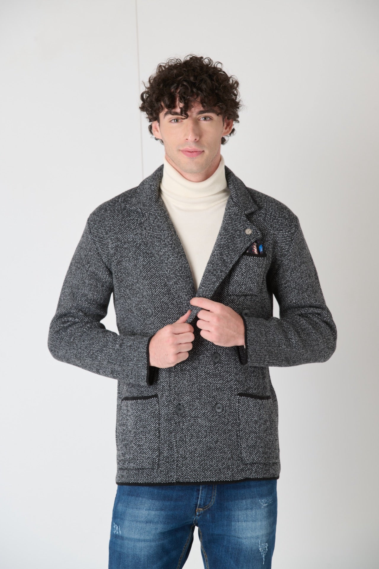 Double-breasted Piquet Knit Jacket with Two-tone Fabric Pocket Square V2