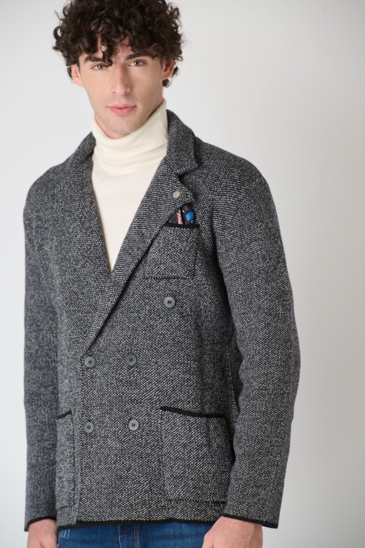 Double-breasted Piquet Knit Jacket with Two-tone Fabric Pocket Square V2