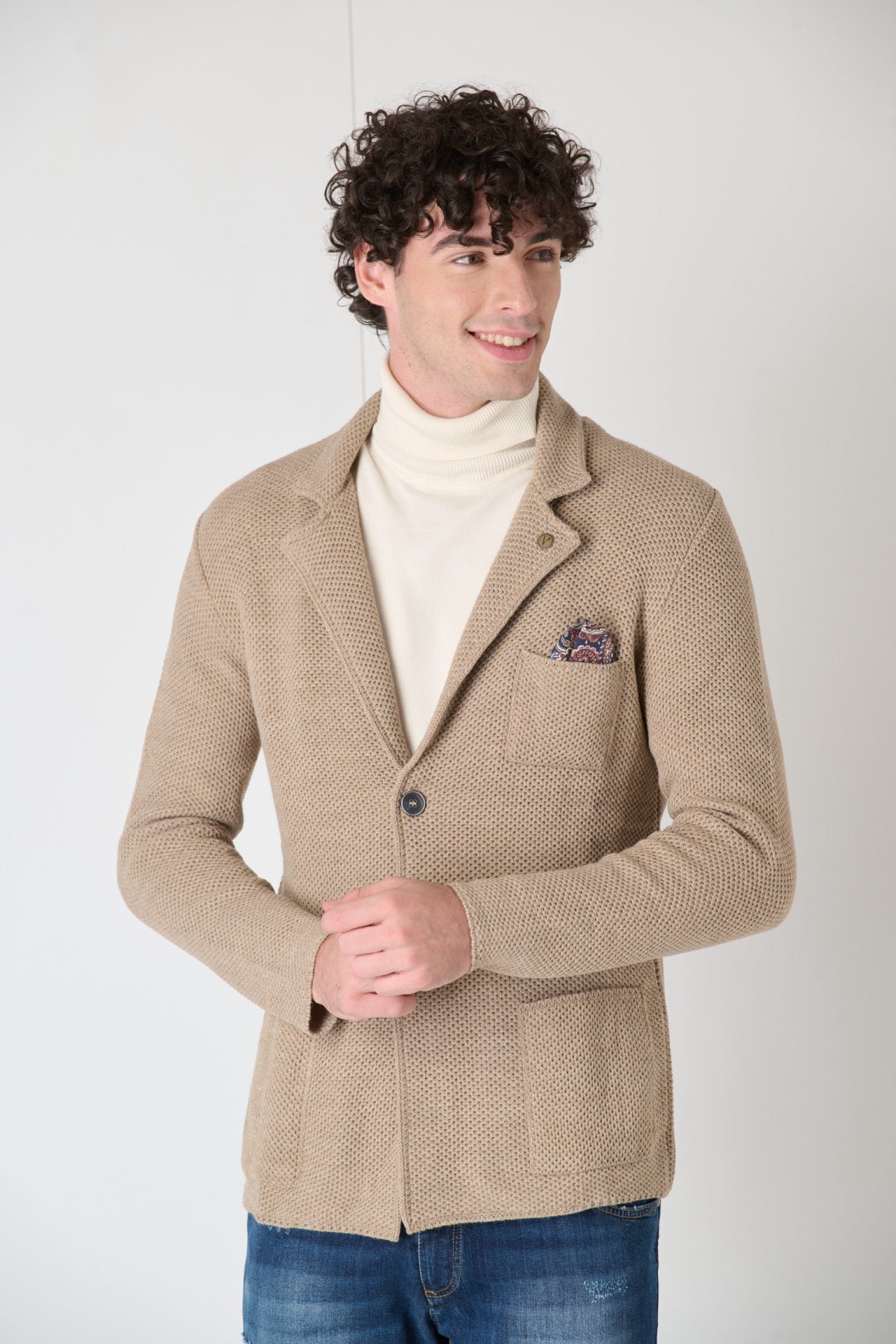 Single Breasted Dove Grey Partridge Eye Knit Jacket with Fabric Pocket Square V2